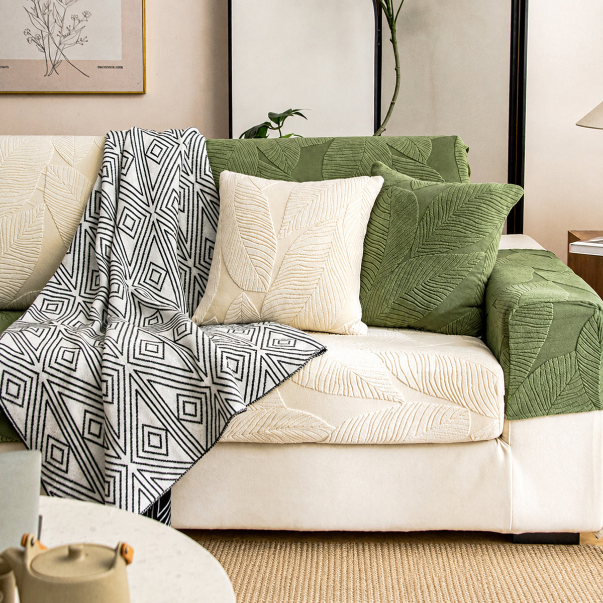 Modern Leaf Jacquard Sofa Cover | Waterproof Stretch Full Wrap | Anti-Scratch Protector | Woofing Deals