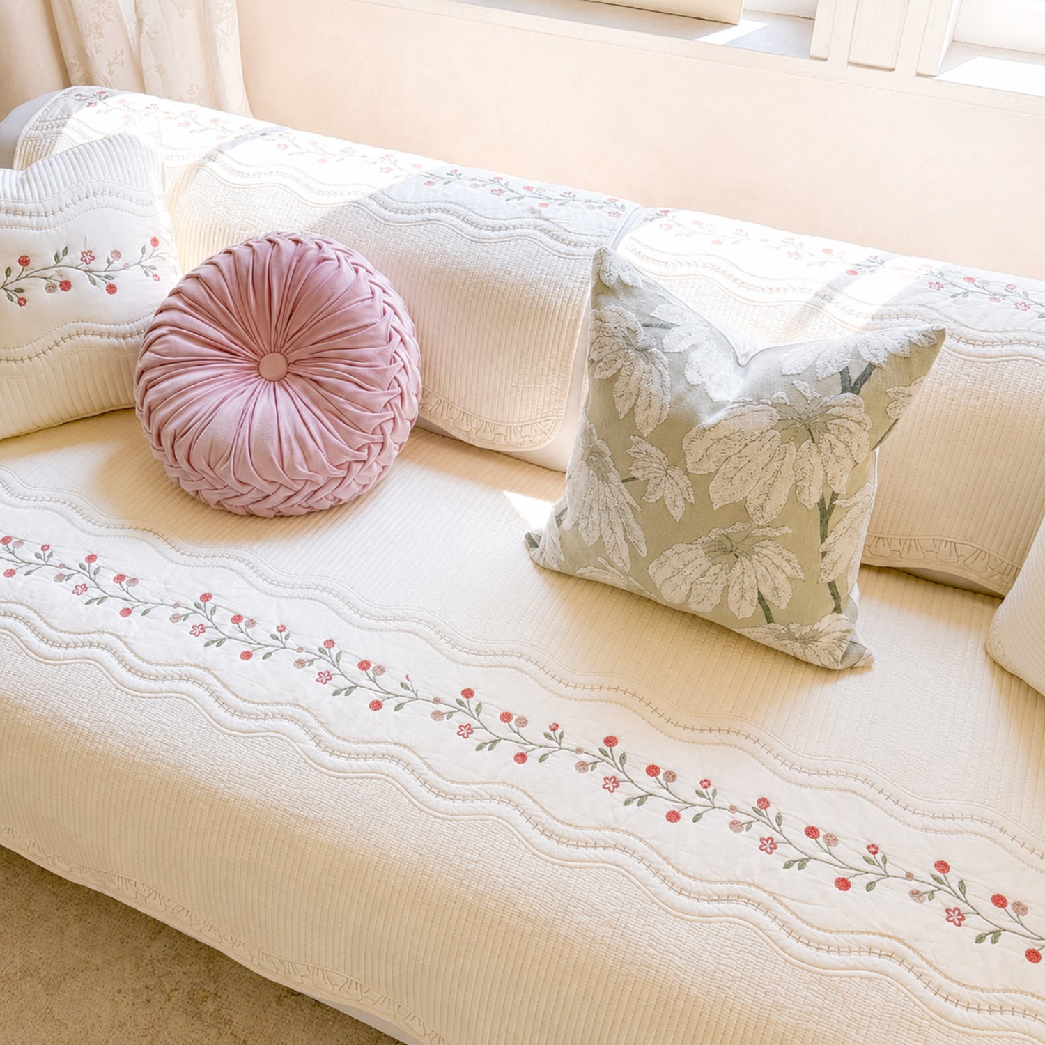 Garden Stitch Cotton Sofa Protector | Quilted Non-Slip Washable Cover