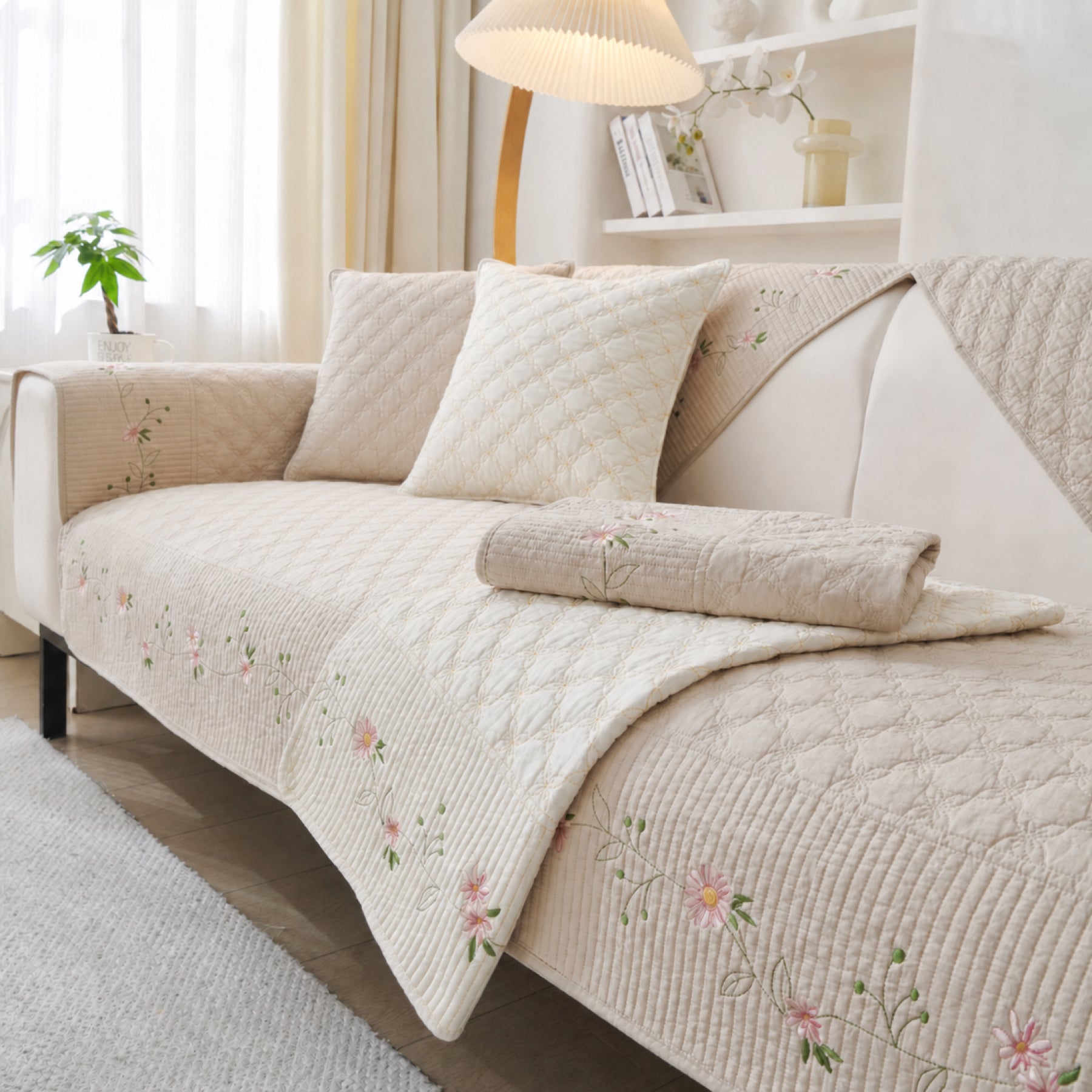 Floral Garden Sofa Cover | Embroidered Cotton | Anti-Slip & Washable