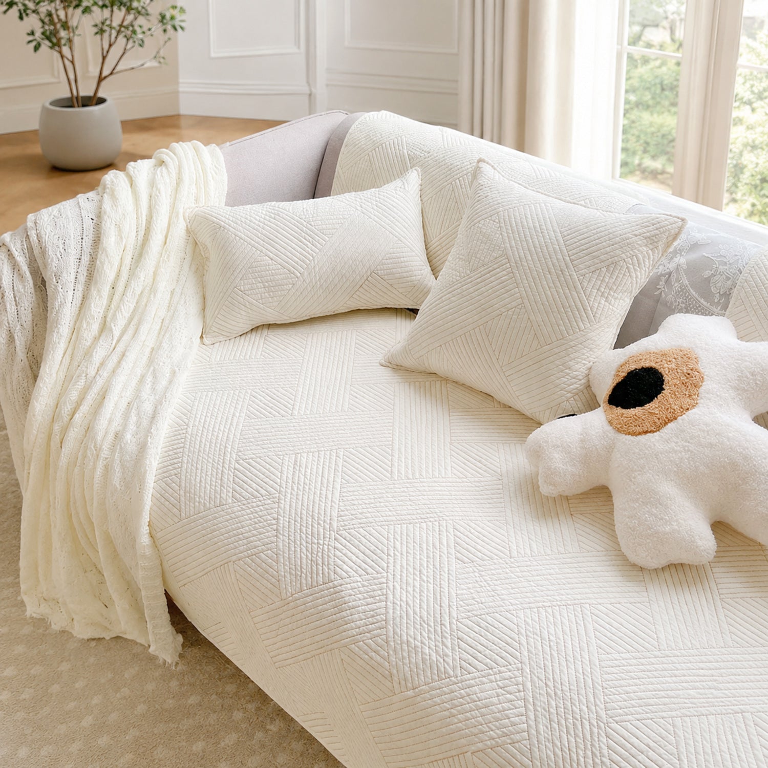 Diamond Weave Cotton Sofa Protector | Quilted Non-Slip Washable Cover