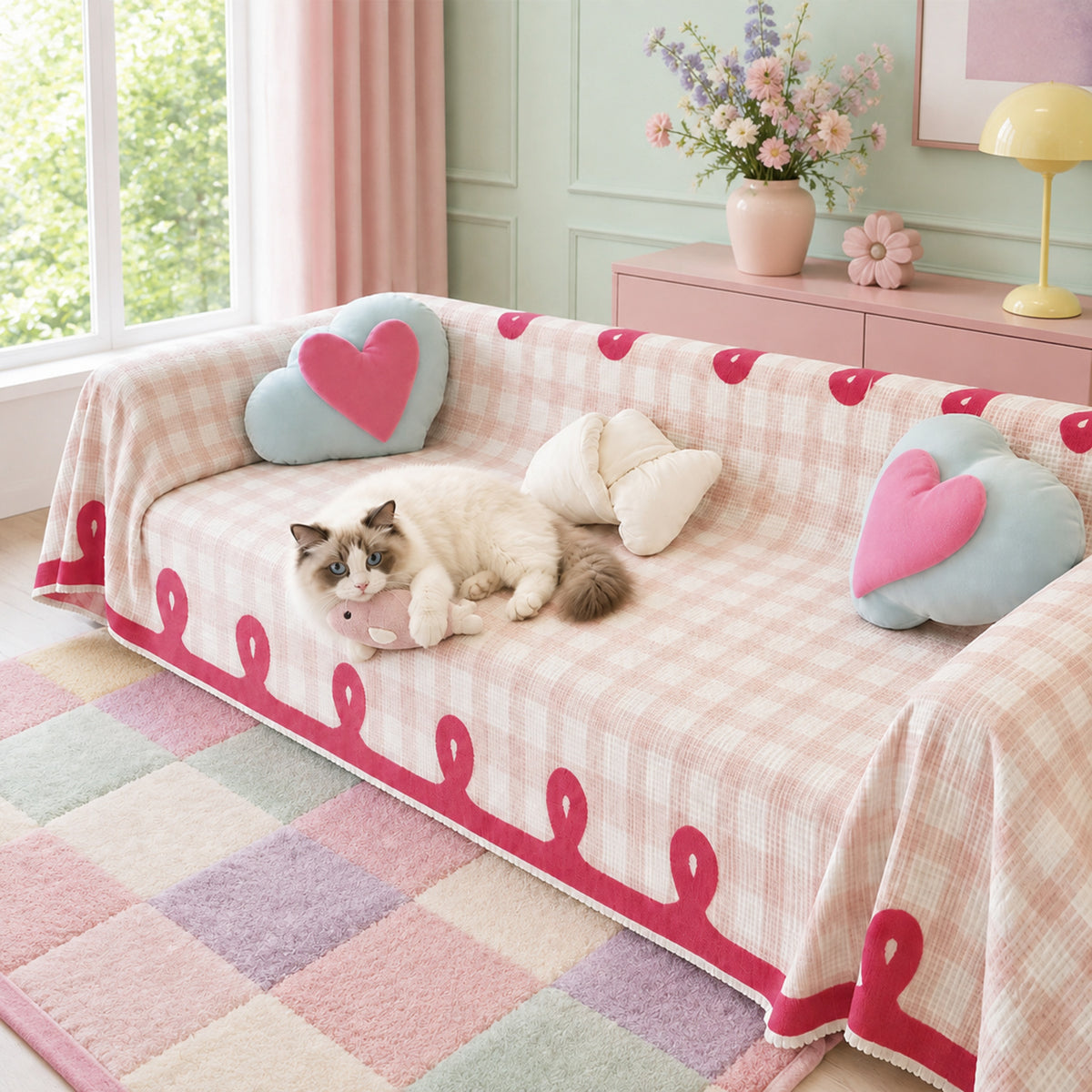 Pastel Gingham Waffle Sofa Throw | Non-Slip All-Season Sofa Protector