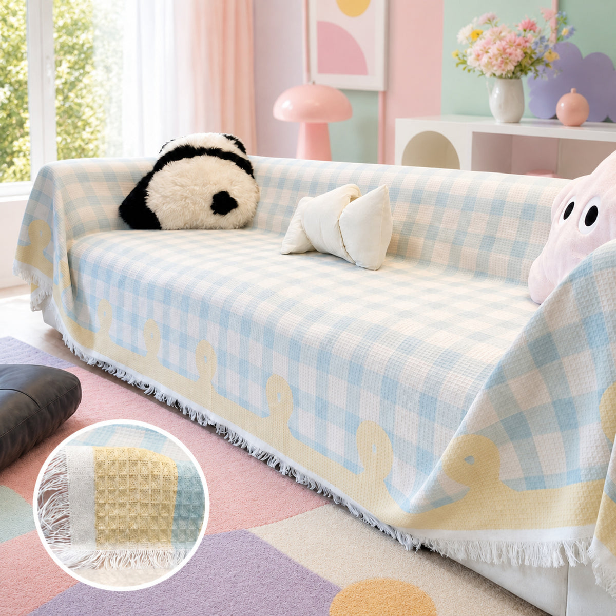 Pastel Gingham Waffle Sofa Throw | Non-Slip All-Season Sofa Protector