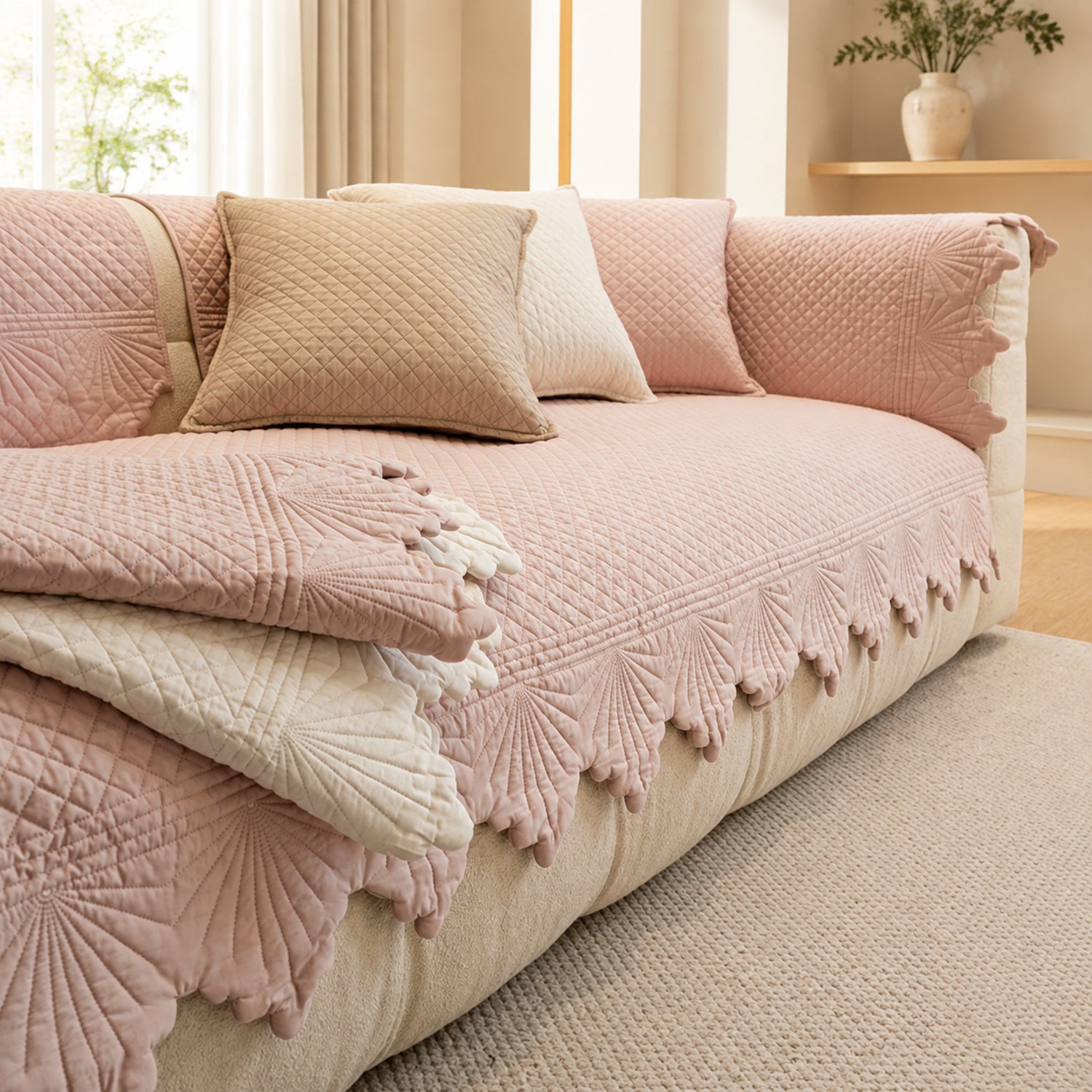 Leaf Edge Cotton Sofa Cover | Non-Slip Machine-Washable