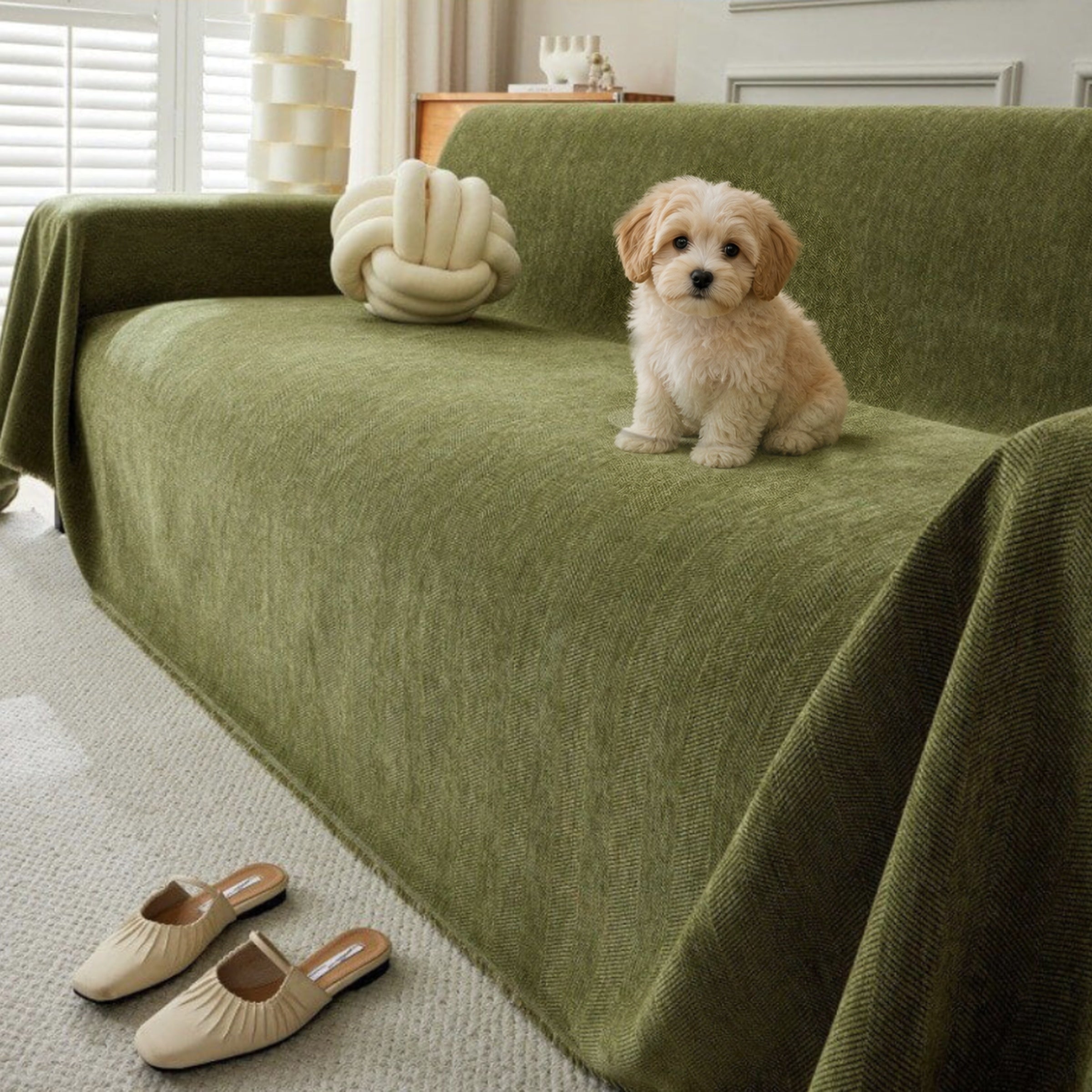 Geometric stretch sofa cover with cute puppy on green couch