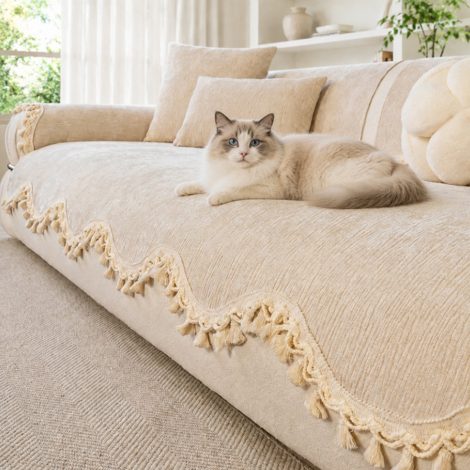 The Elowen Sofa Cover | Chenille | Elegant Tasselled Non-Slip