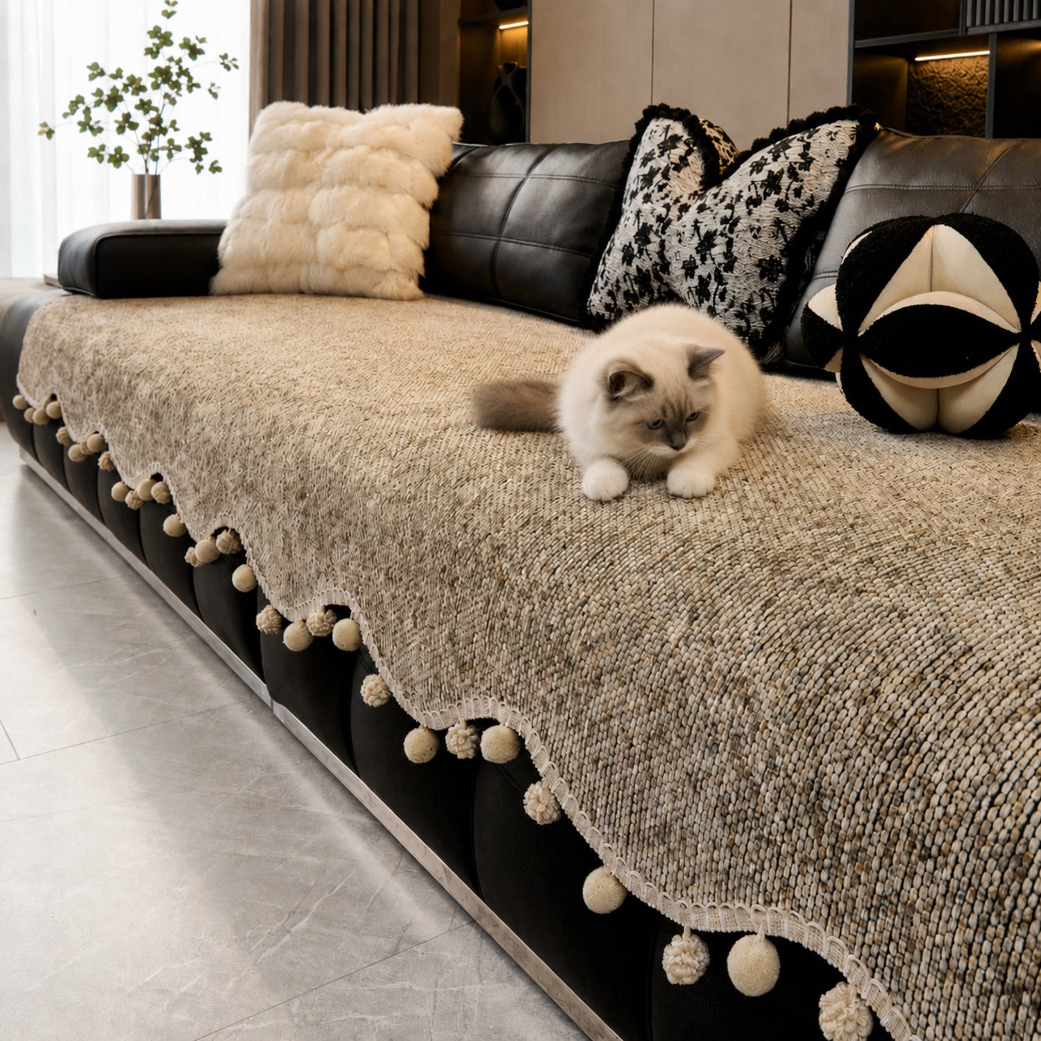 Pom-Pom Chenille Sofa Protector | Non-Slip Machine-Washable Cover