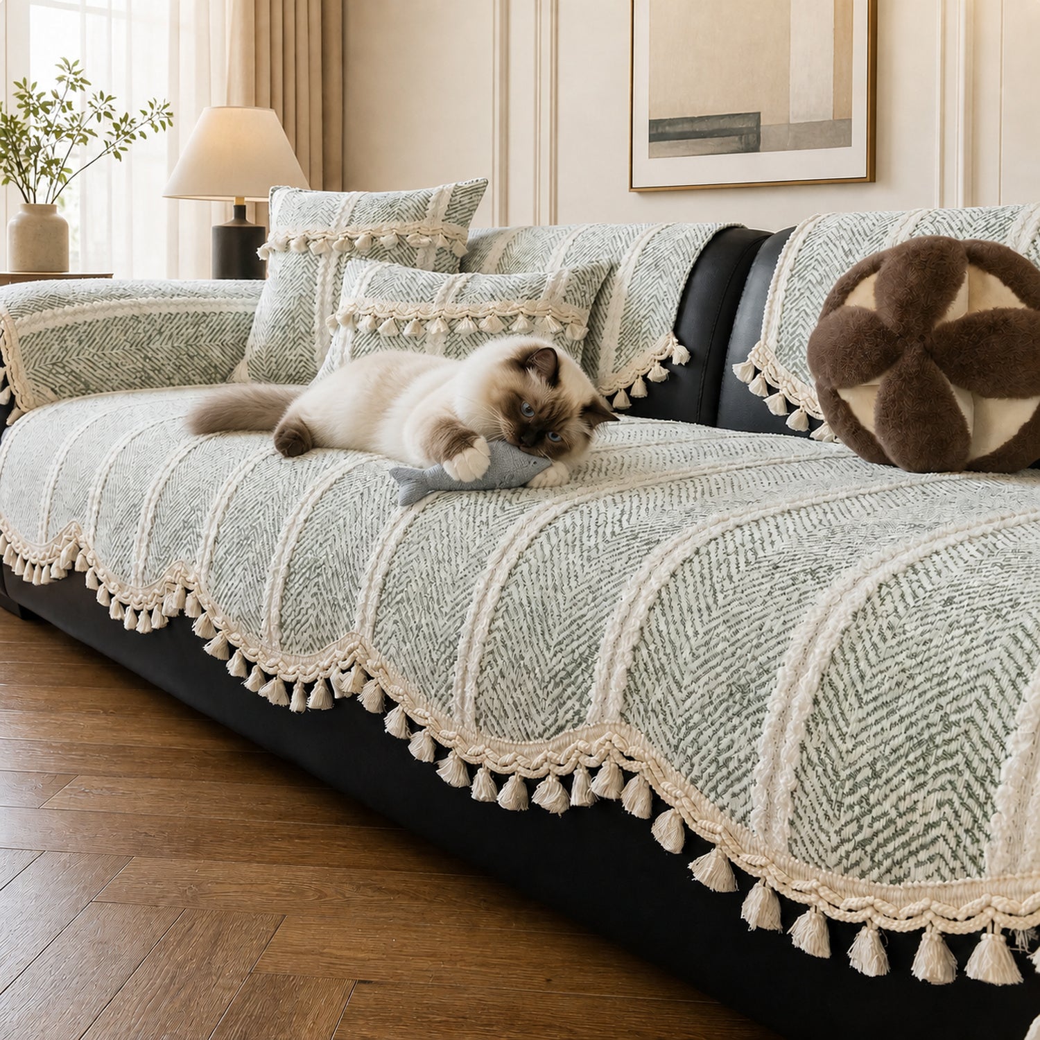 Herringbone Chenille Sofa Protector | Non-Slip Tassel Cover | Machine Washable