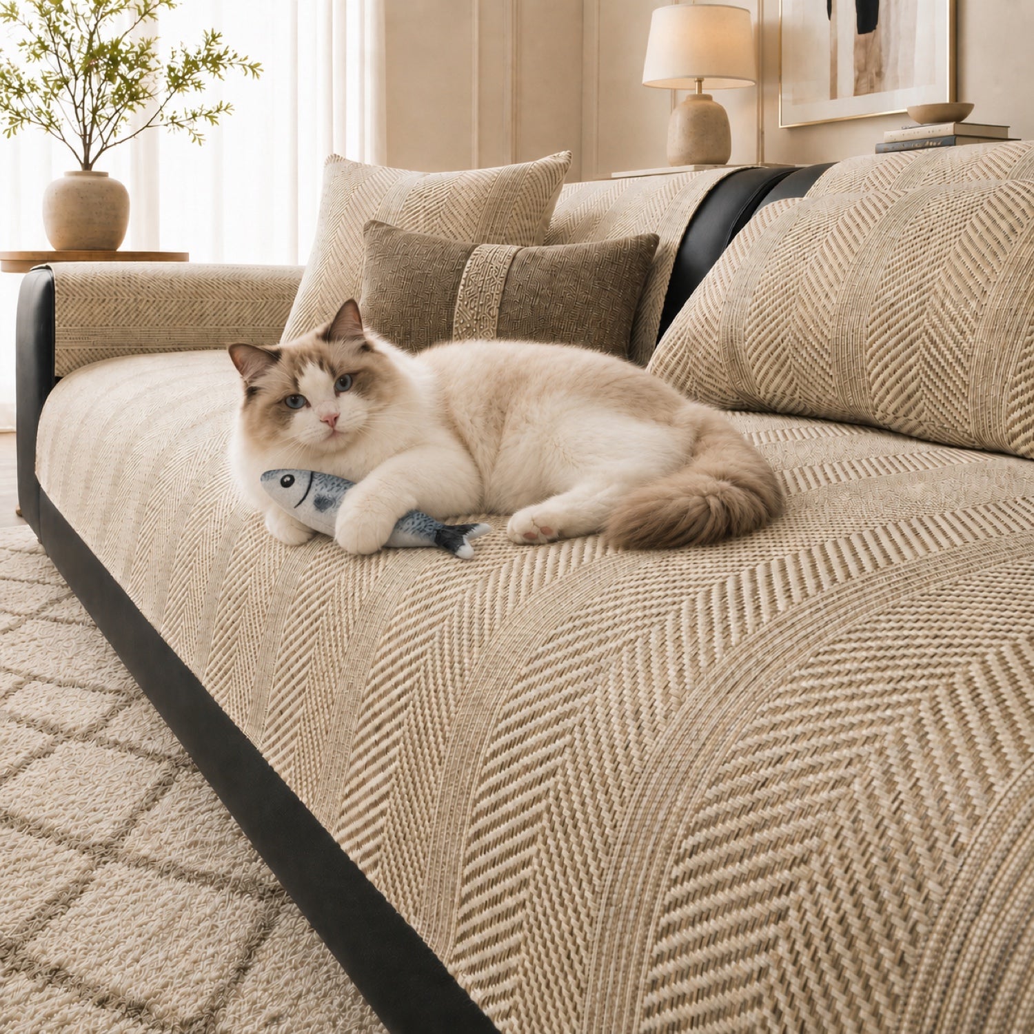A fluffy cream and brown Ragdoll cat rests on a beige herringbone sofa cover while holding a blue fish-shaped toy.