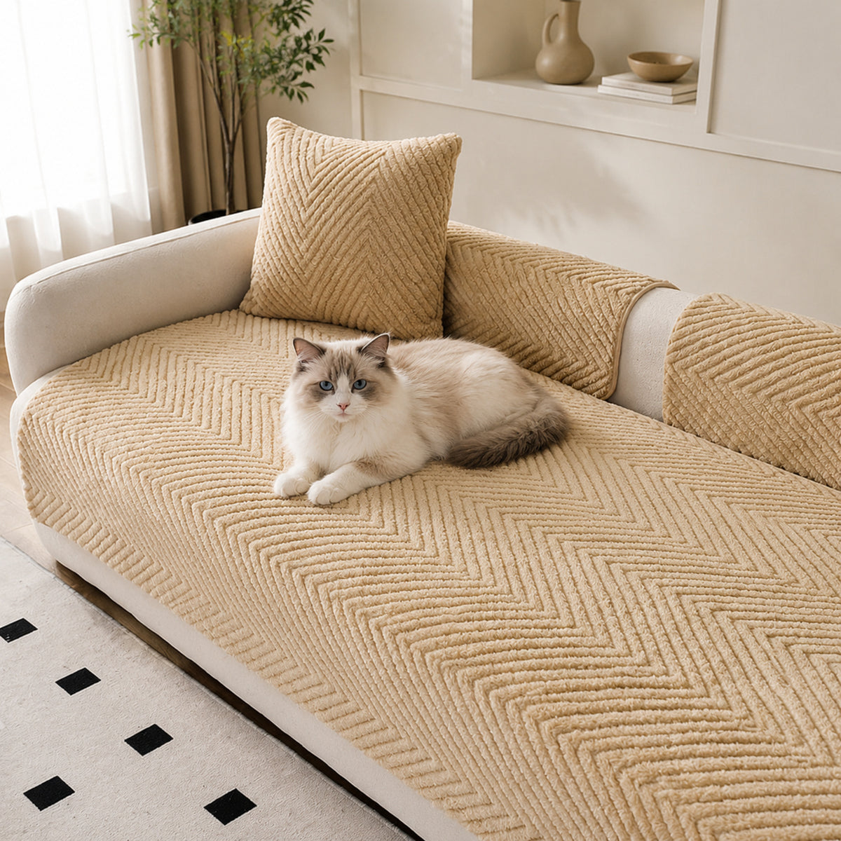 Thickened Plush Herringbone Sofa Cover | Non-Slip Pet-Proof Couch Protector | Machine Washable | Woofing Deals