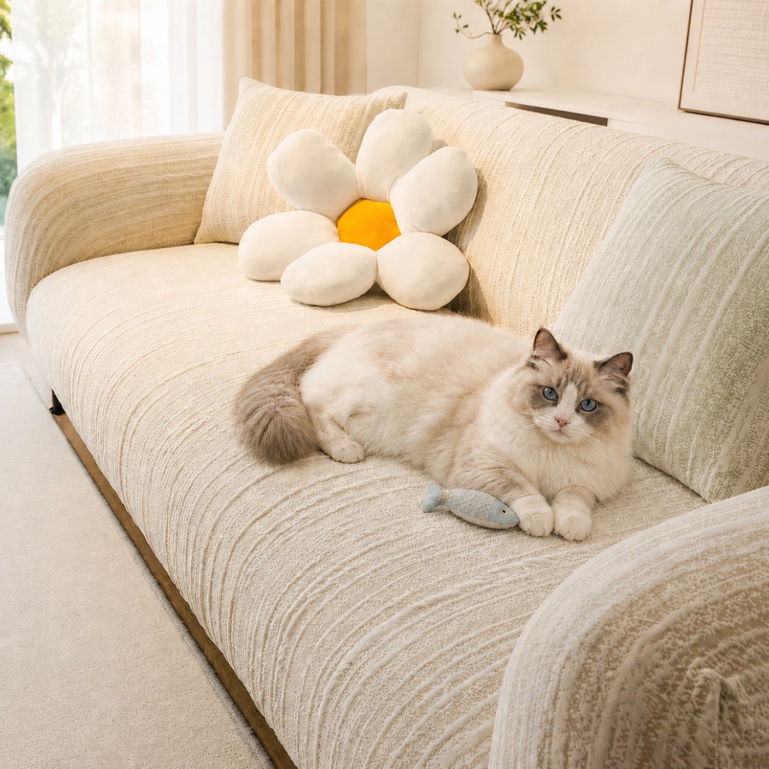 Striped Stretch Sofa Protector | Full-Coverage Anti-Scratch Machine-Washable Cover
