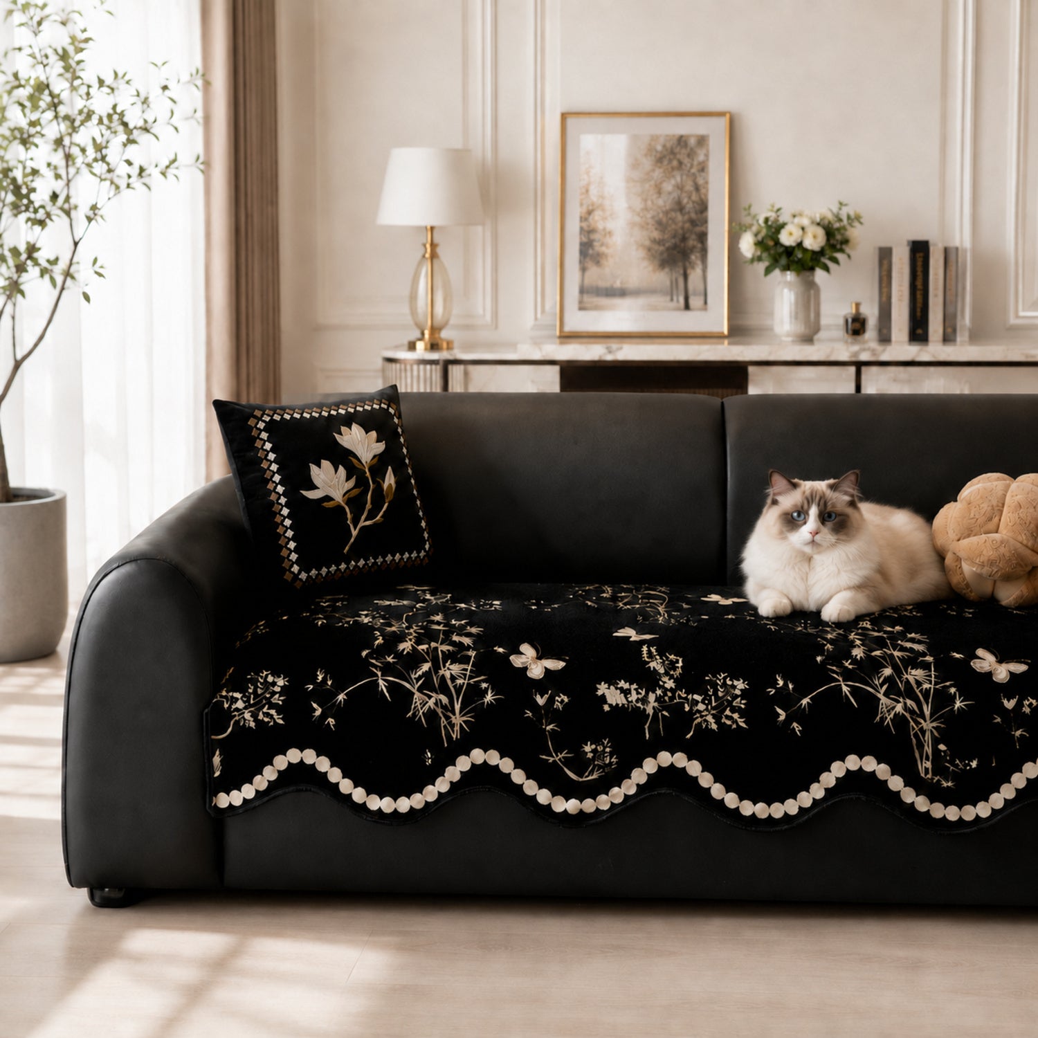 Botanical Butterfly Chenille Sofa Cover | Non-Slip All-Season Washable