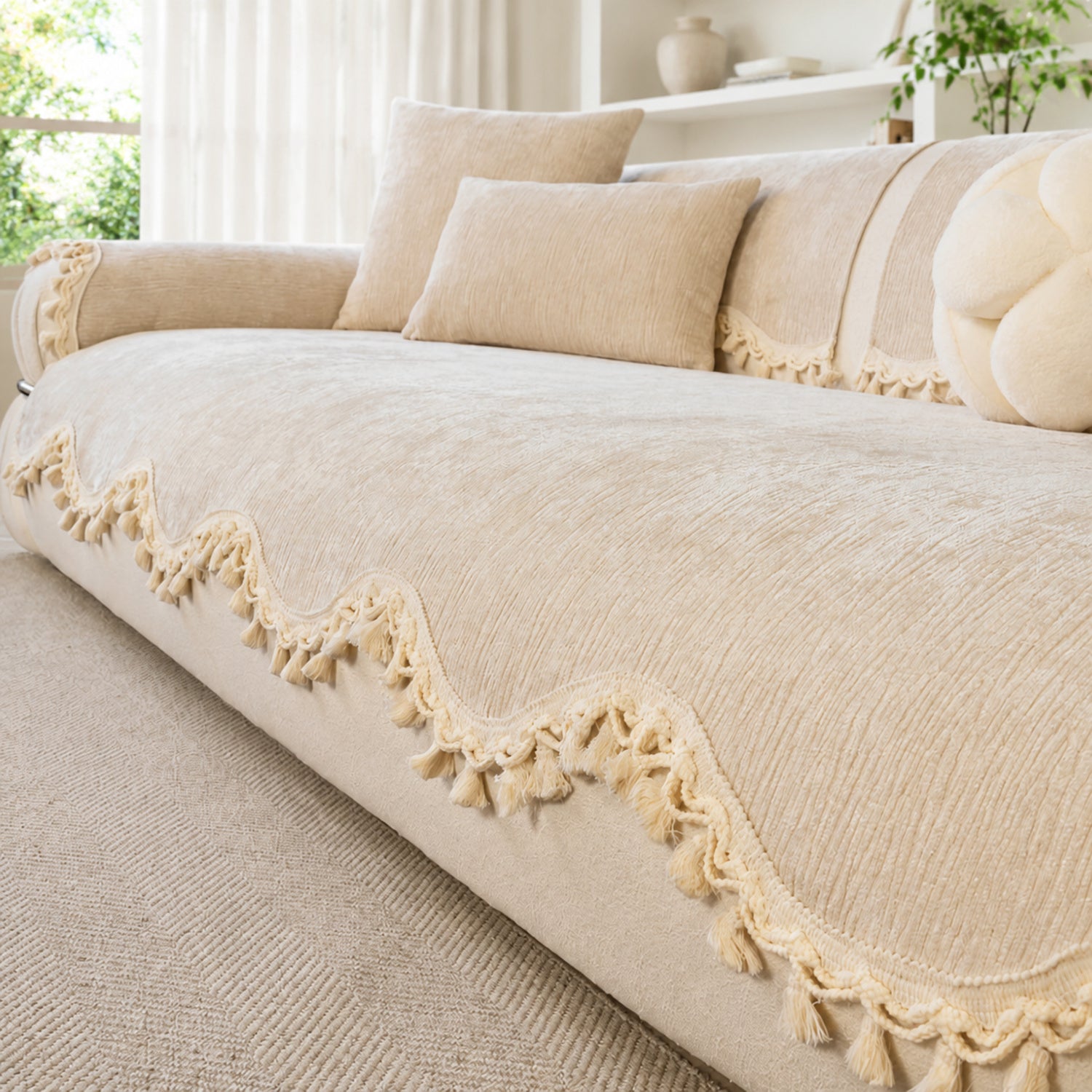 The Elowen Sofa Cover | Chenille | Elegant Tasselled Non-Slip
