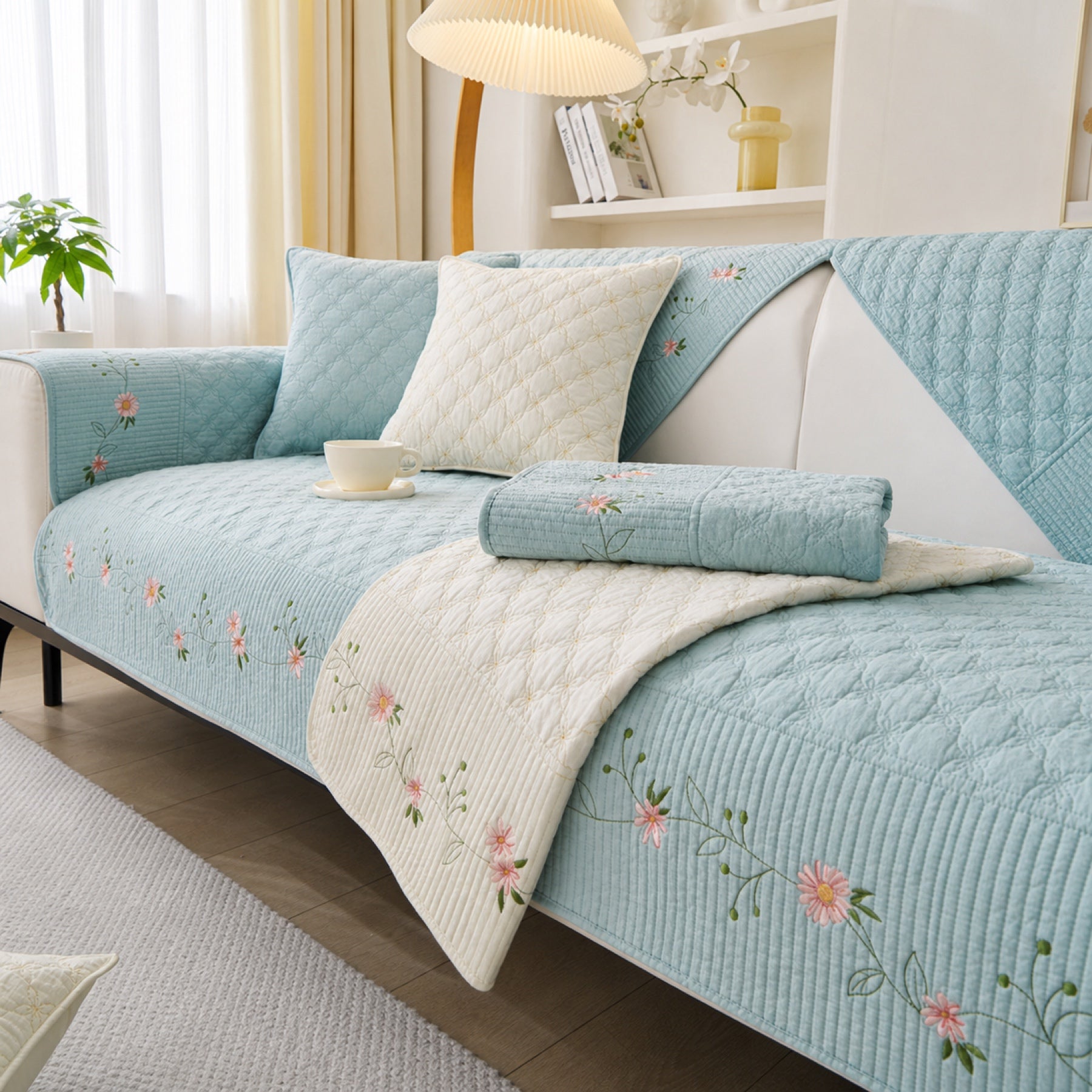 Floral Garden Sofa Cover | Embroidered Cotton | Anti-Slip & Washable