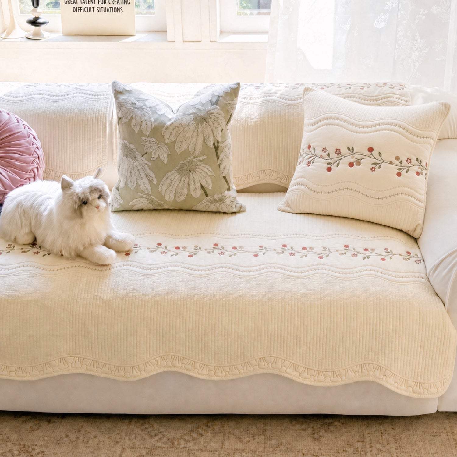Garden Stitch Cotton Sofa Protector | Quilted Non-Slip Washable Cover