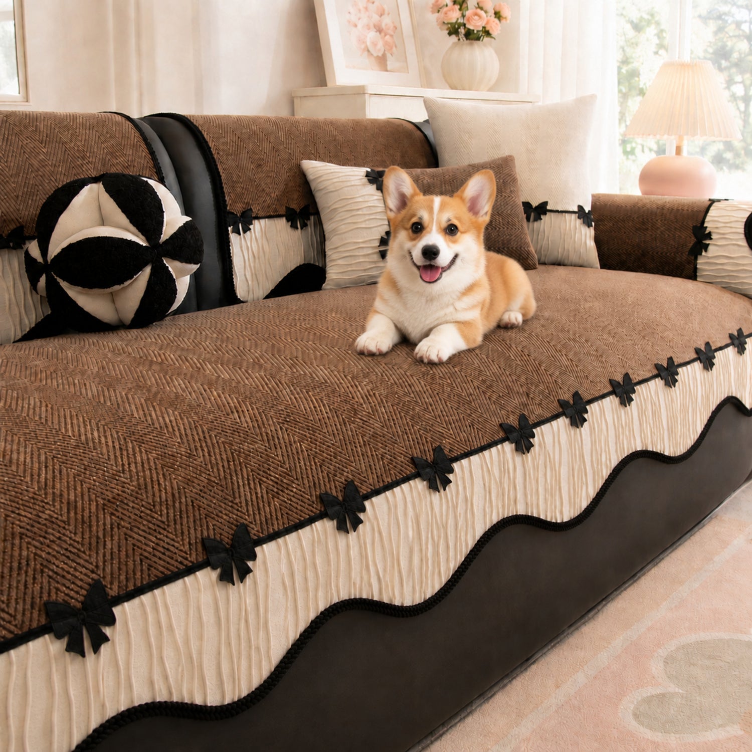 Bow Trim Herringbone Chenille Sofa Cover | Non-Slip Machine-Washable