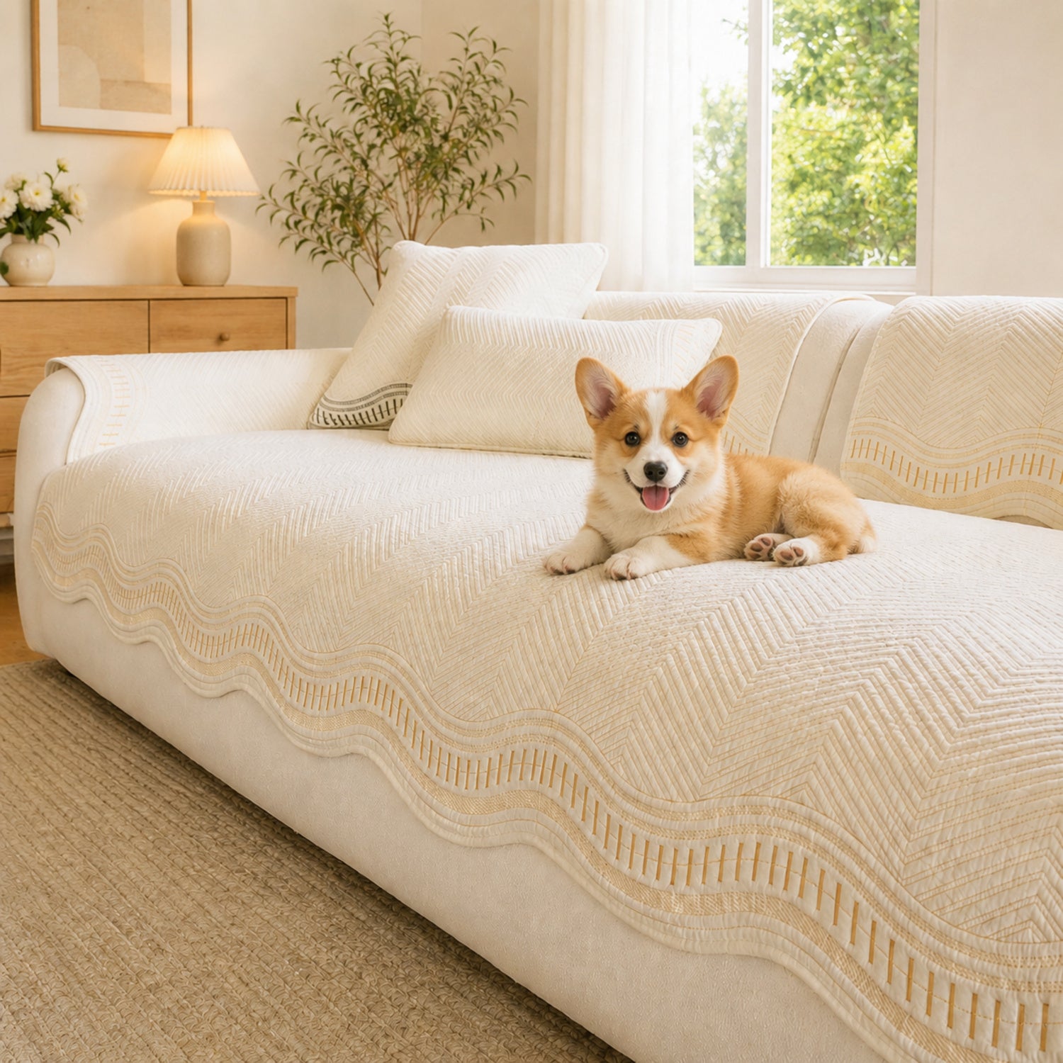 Chevron Wave Cotton Sofa Protector | Non-Slip Machine-Washable Cover