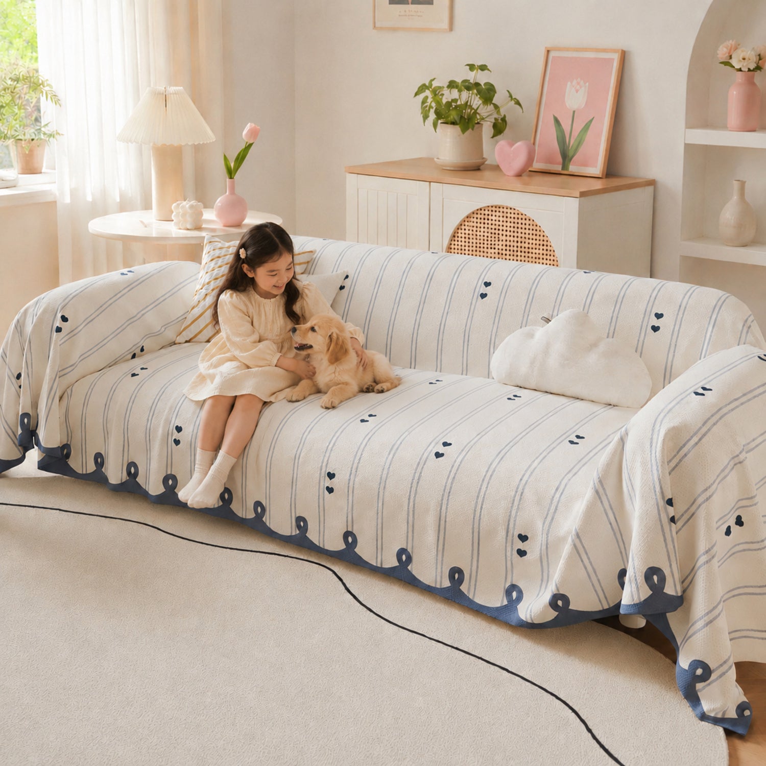 Dainty Heart Sofa Throw | Faux Linen | Non-Slip All-Season Sofa Protector