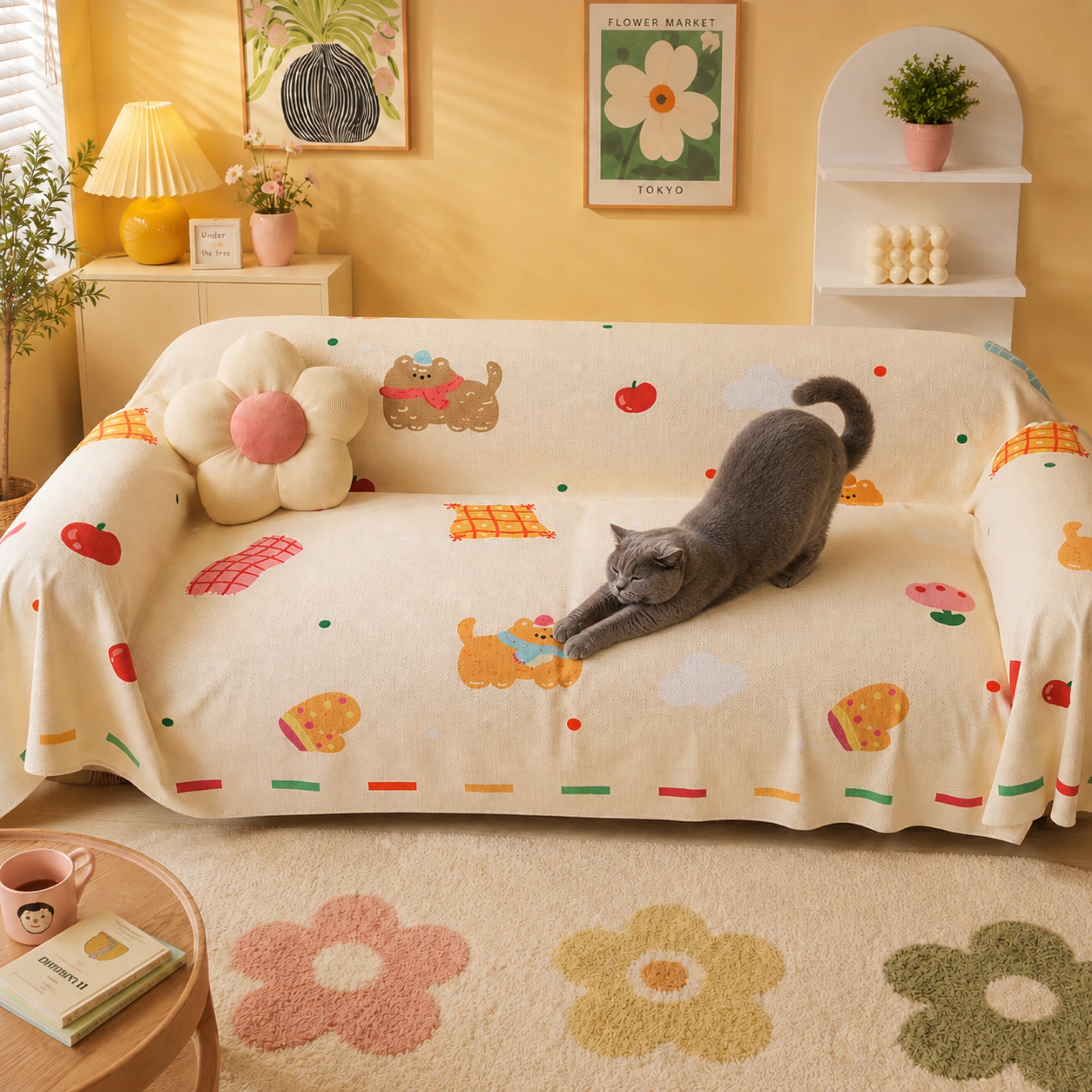 Whimsical Friends | Linen-Look Sofa Throw | Breathable Anti-Scratch Pet Cover