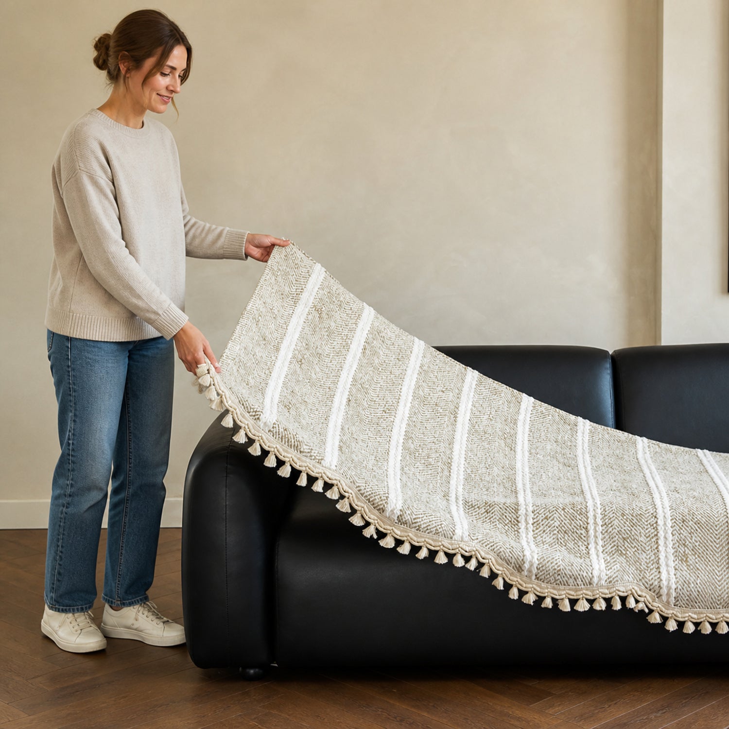 Herringbone Chenille Sofa Protector | Non-Slip Tassel Cover | Machine Washable