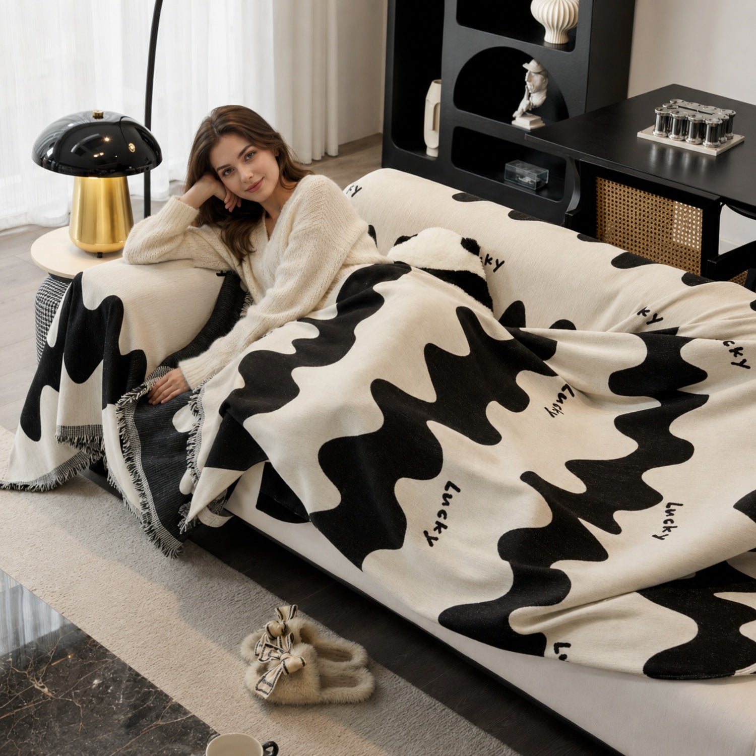 Black Ocean Chenille Sofa Throw | Non-Slip Scratch-Resistant Sofa Protector