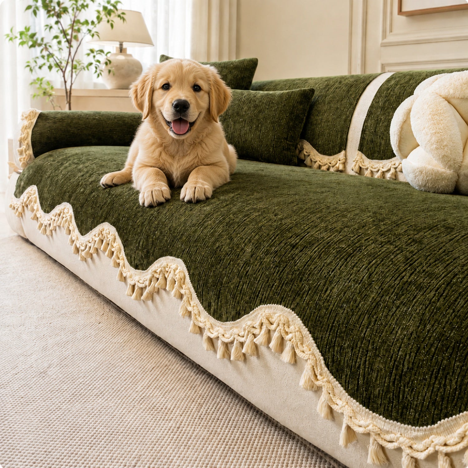 The Elowen Sofa Cover | Chenille | Elegant Tasselled Non-Slip