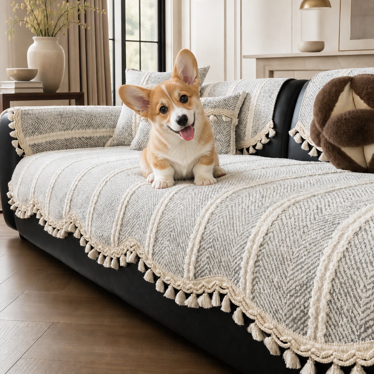 Herringbone Chenille Sofa Protector | Non-Slip Tassel Cover | Machine Washable