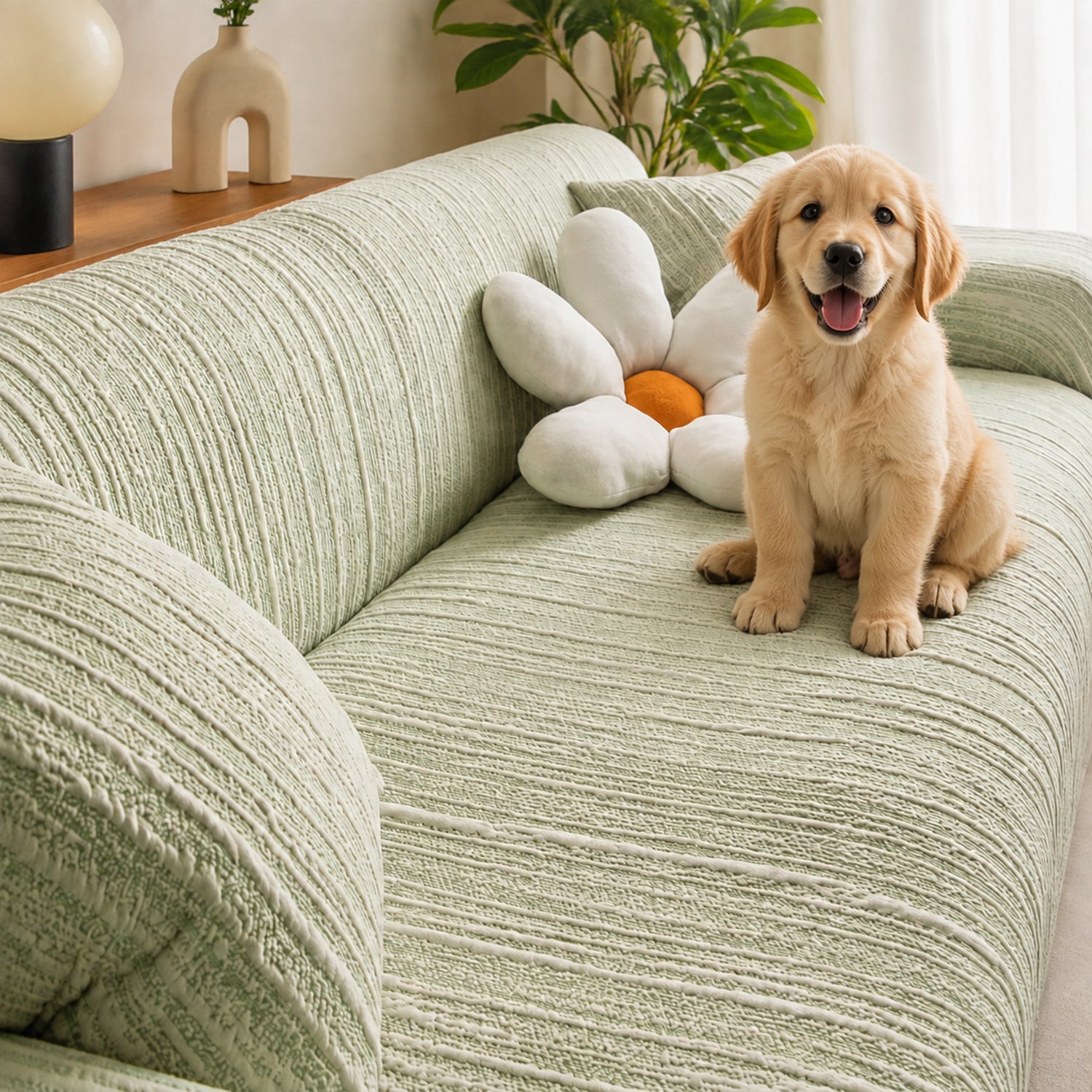 Striped Stretch Sofa Protector | Full-Coverage Anti-Scratch Machine-Washable Cover