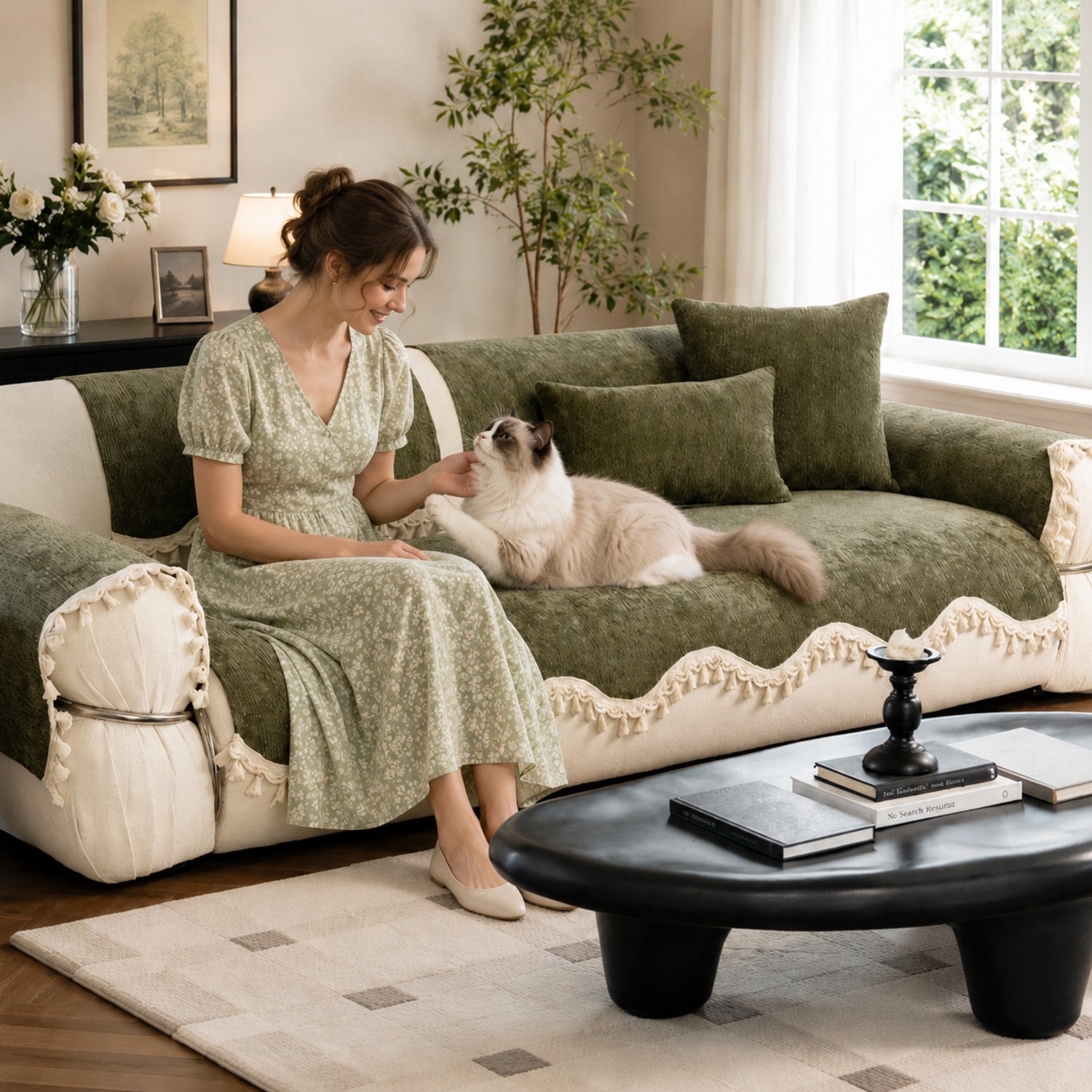 The Elowen Sofa Cover | Chenille | Elegant Tasselled Non-Slip