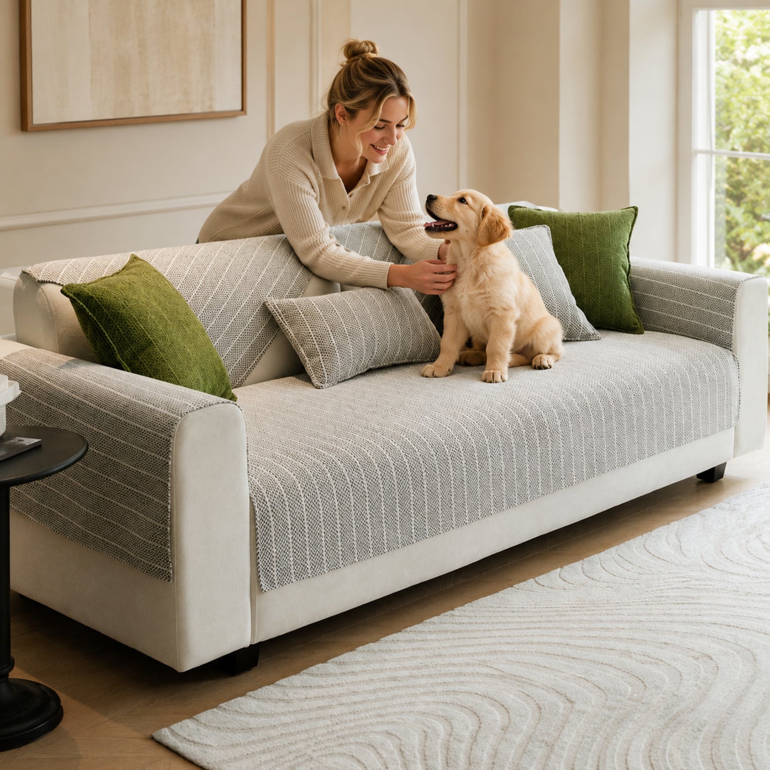 Solid Colour Chenille Sofa Cover | Anti-Scratch Herringbone Couch Protector | Durable | Woofing Deals
