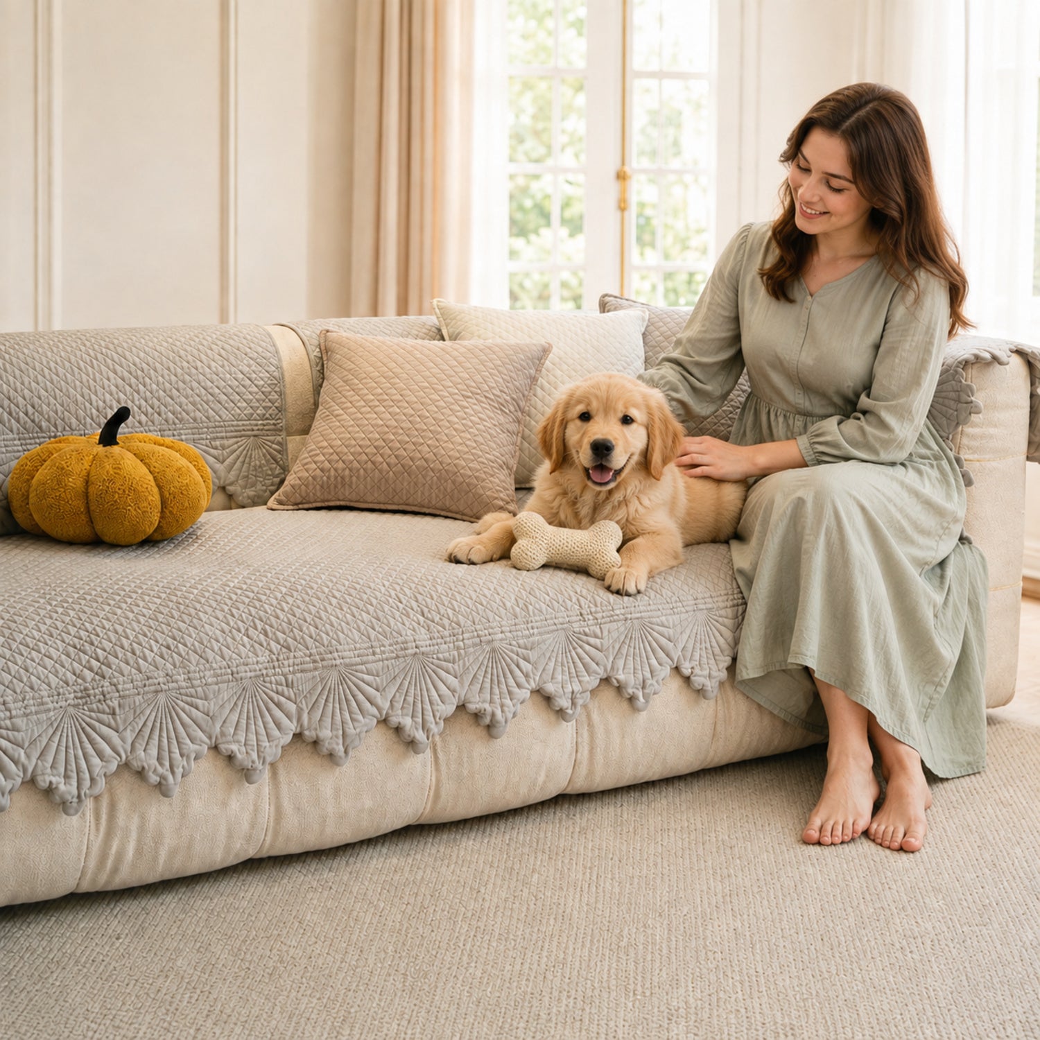 Leaf Edge Cotton Sofa Cover | Non-Slip Machine-Washable