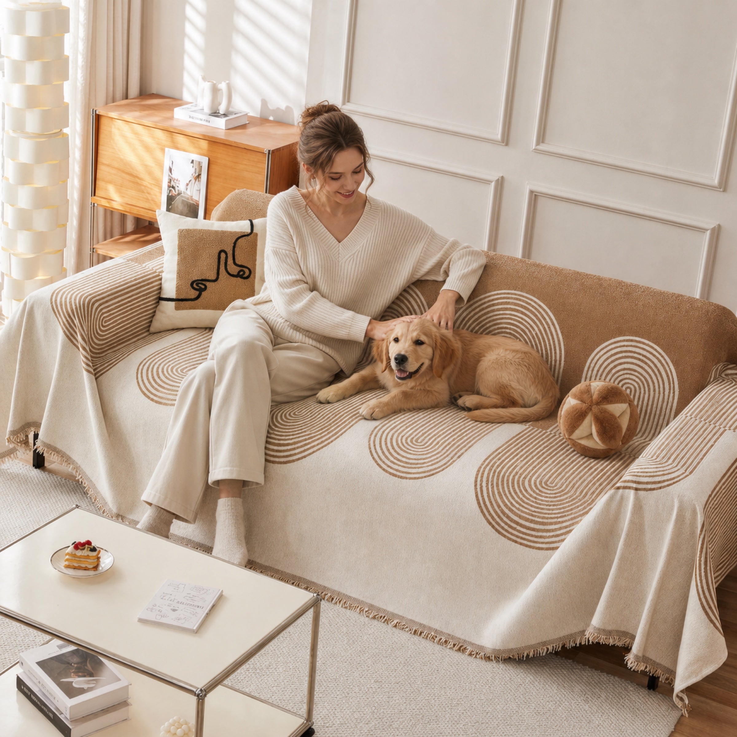 Reversible Geometric Sofa Throw | Soft Chenille Sofa Cover with Fringed Edges