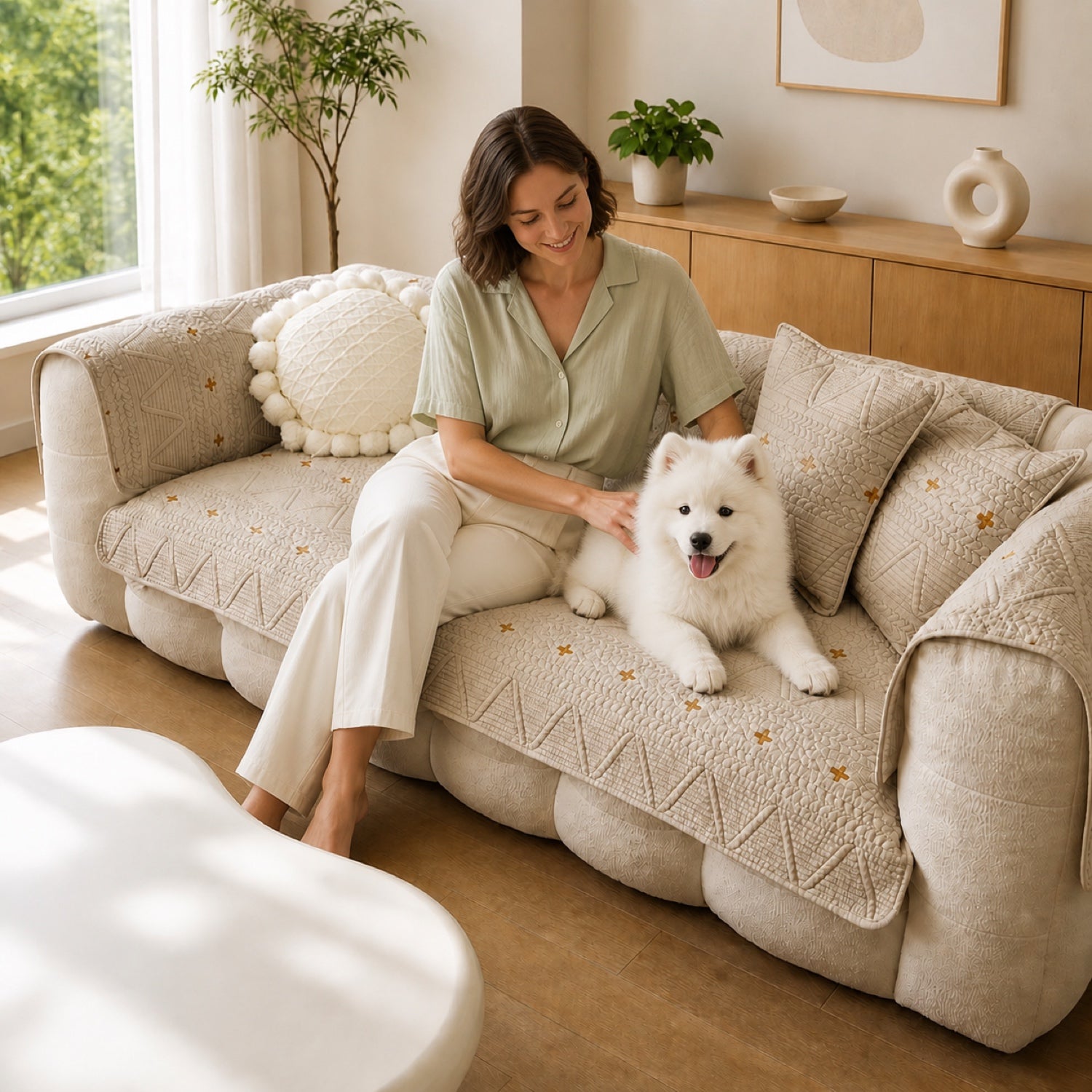 Nordic Cross Quilted Sofa Protector | 100% Cotton Non-Slip Washable Cover