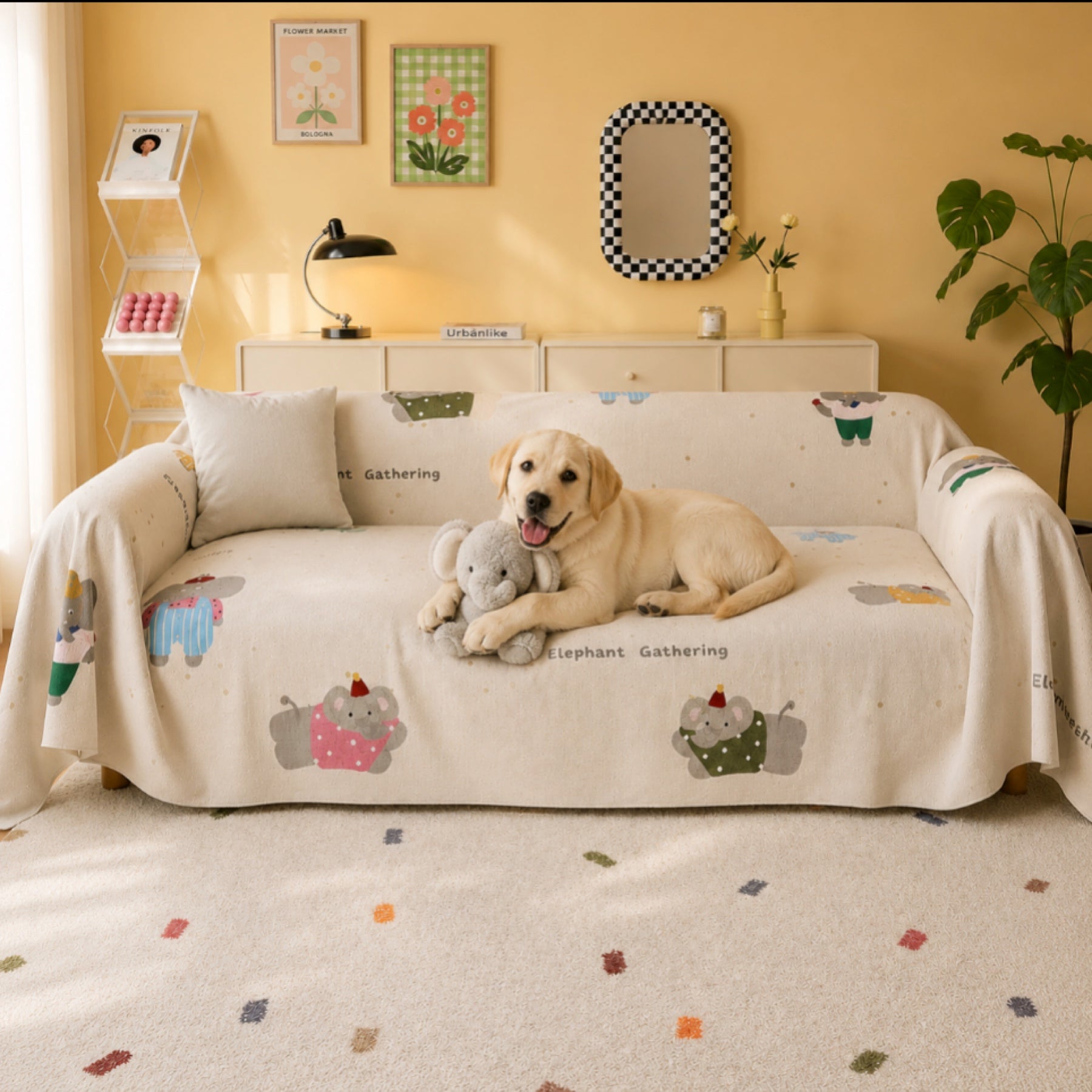 Whimsical Friends | Linen-Look Sofa Throw | Breathable Anti-Scratch Pet Cover