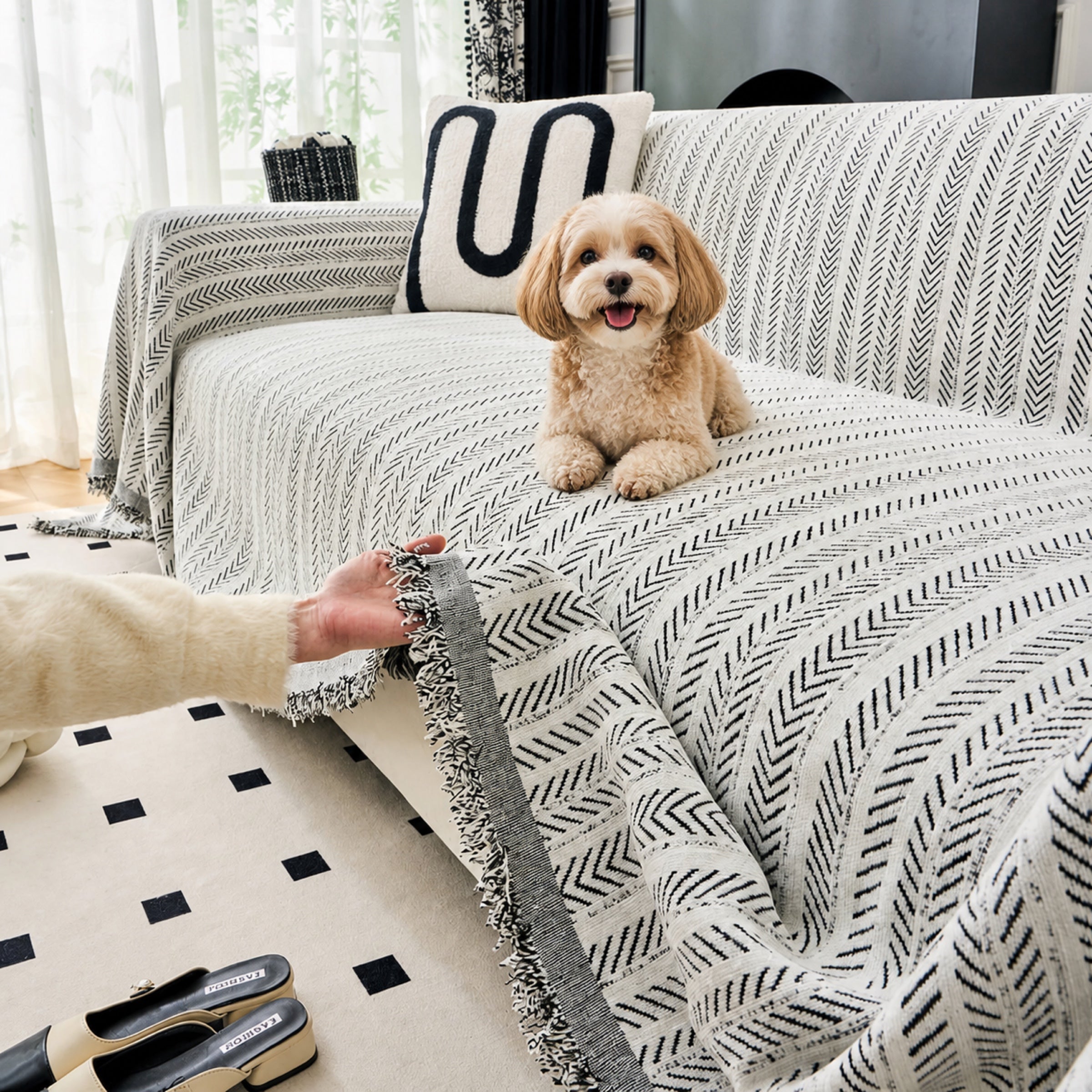 Herringbone Chenille Sofa Throw | Textured Washable Couch Cover | Woofing Deals