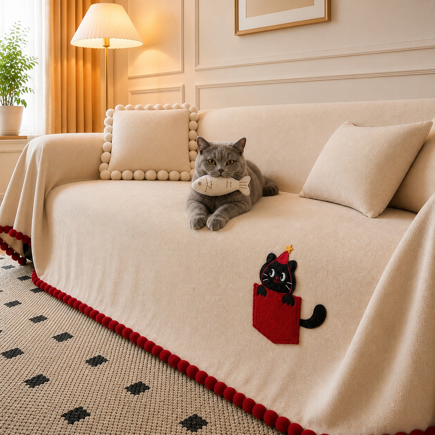 Pocket Kitty Chenille Sofa Throw | Anti-Slip Scratch-Resistant | Sofa Protector