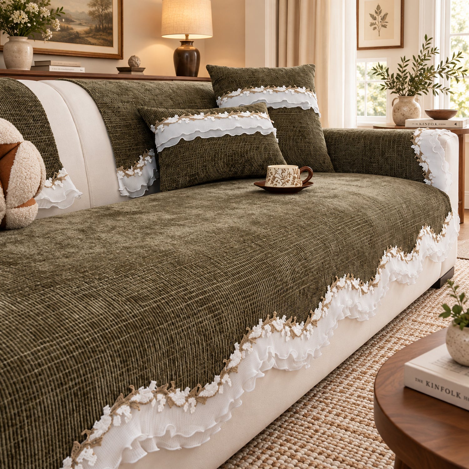 Ruffle Charm Chenille Sofa Cover | Non-Slip & Machine Washable