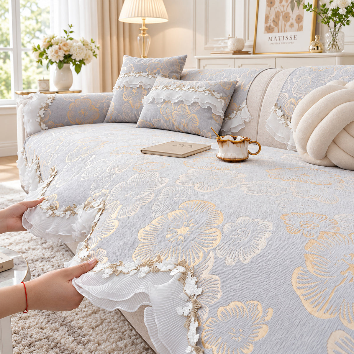 Chenille Sofa Cover | Non-Slip Sofa Protector | Golden Blossom | Machine Washable