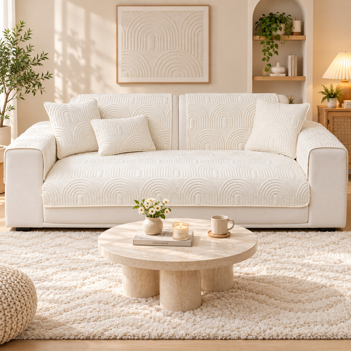 Ripple Arch Sofa Cover | Quilted Velour | Non-Slip Sofa Protector