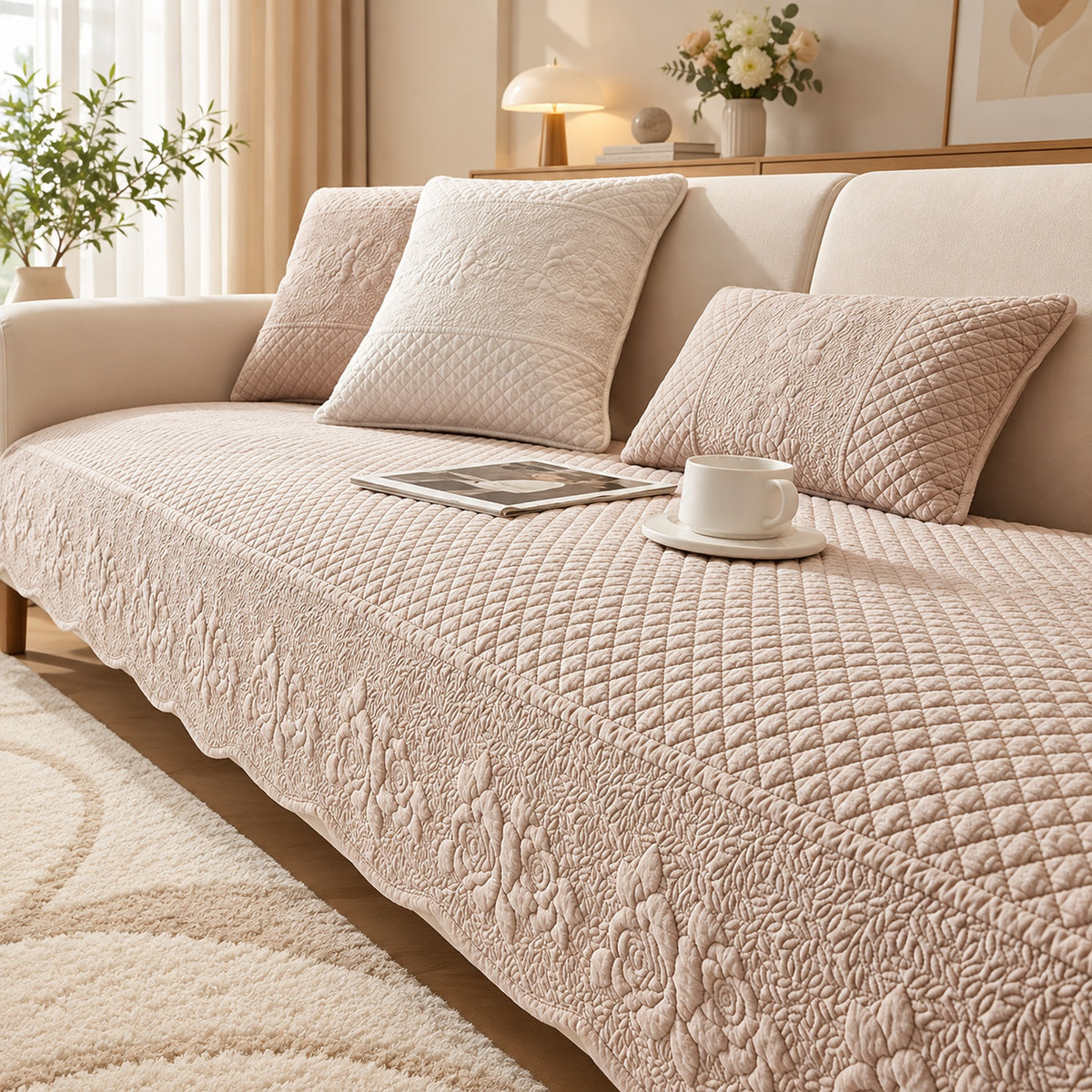 Rose Garden Sofa Cover | Quilted Cotton | Washable Sofa Protector