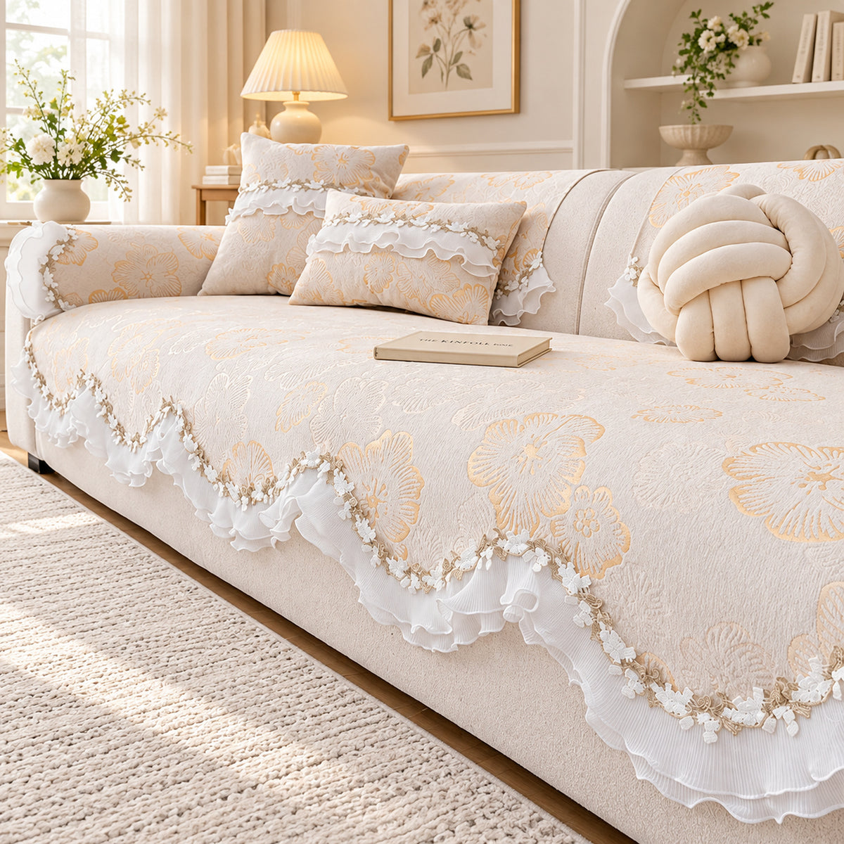Chenille Sofa Cover | Non-Slip Sofa Protector | Golden Blossom | Machine Washable