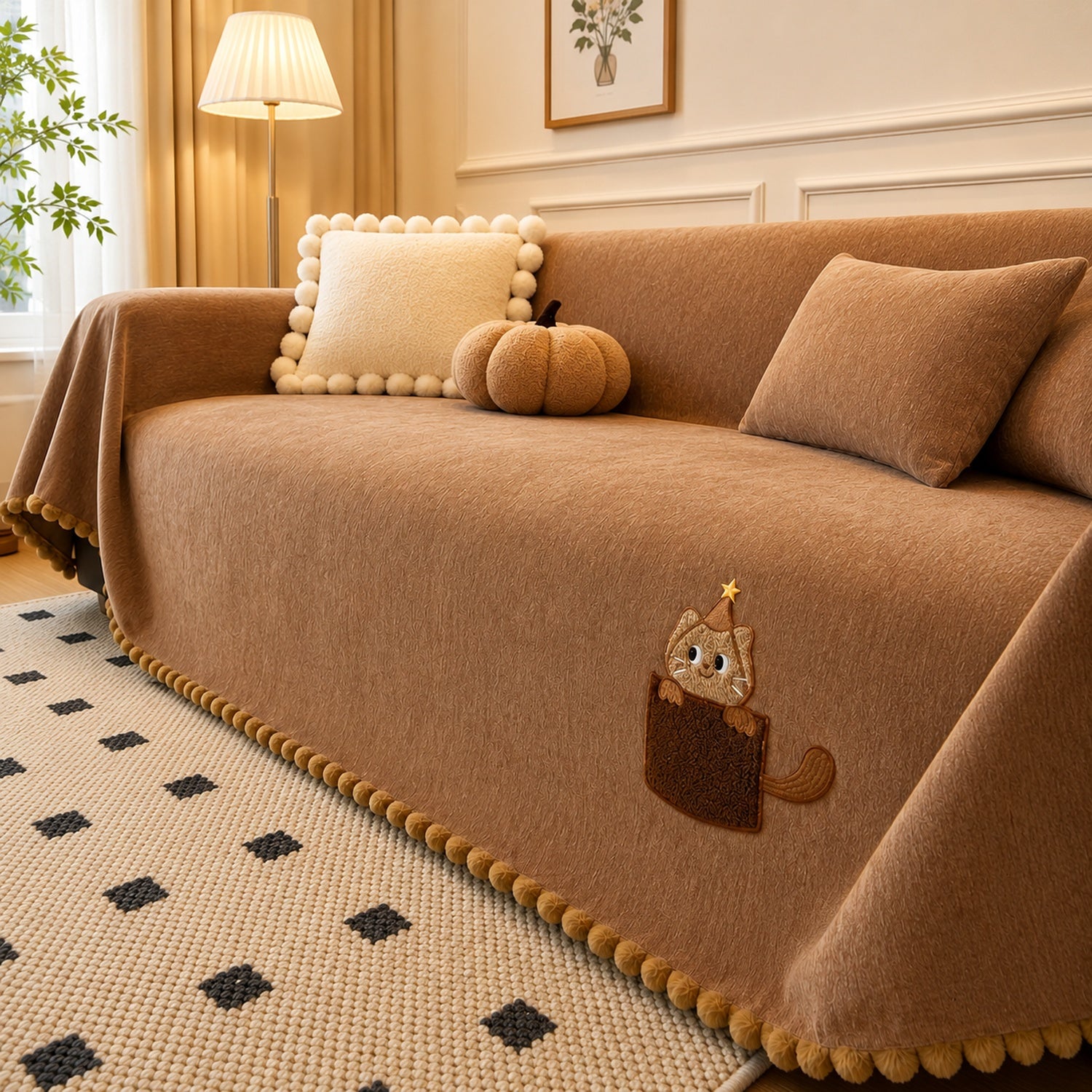 Pocket Kitty Chenille Sofa Throw | Anti-Slip Scratch-Resistant | Sofa Protector