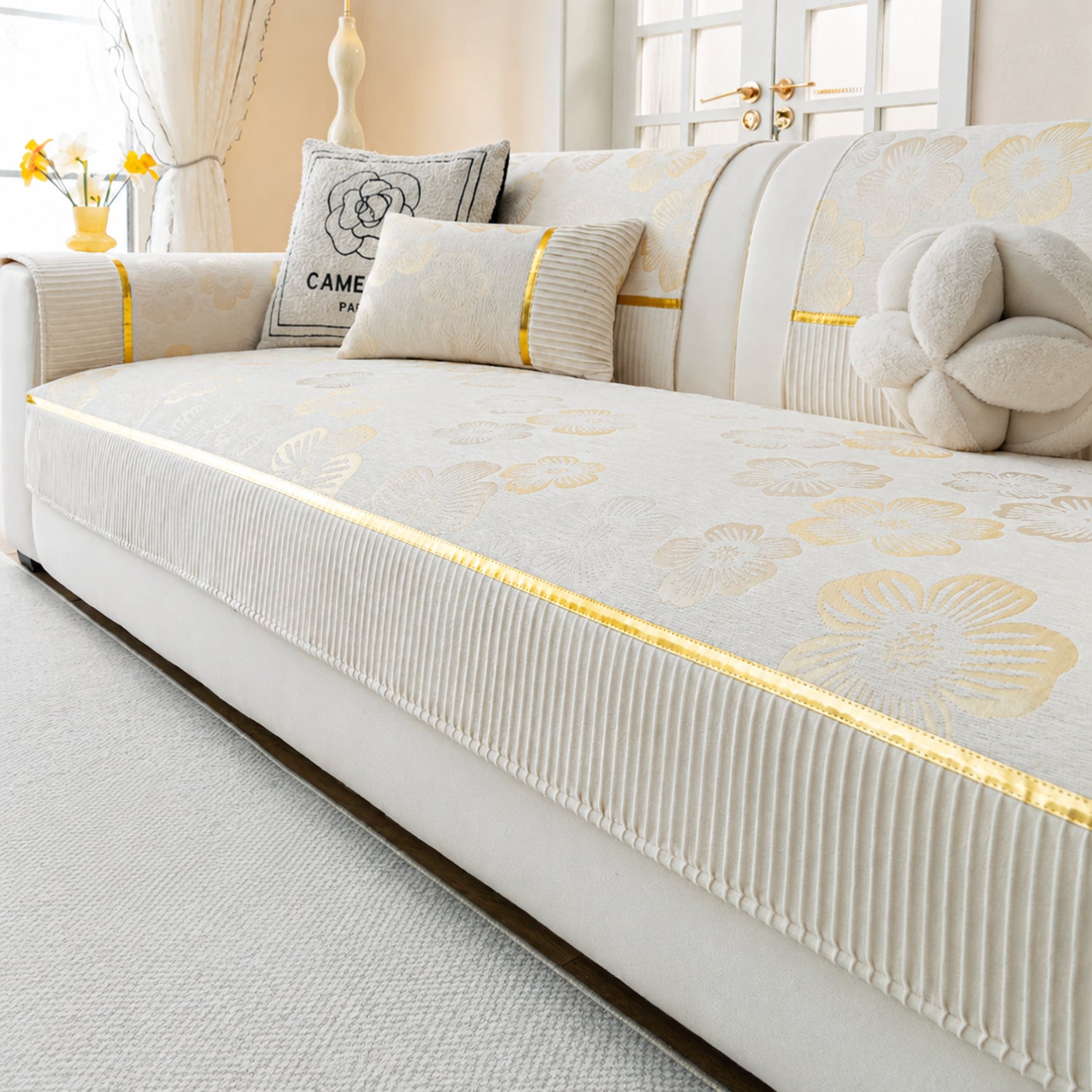Golden Camellia Jacquard Sofa Cover | Chenille Anti-Slip Washable | Pet Protector
