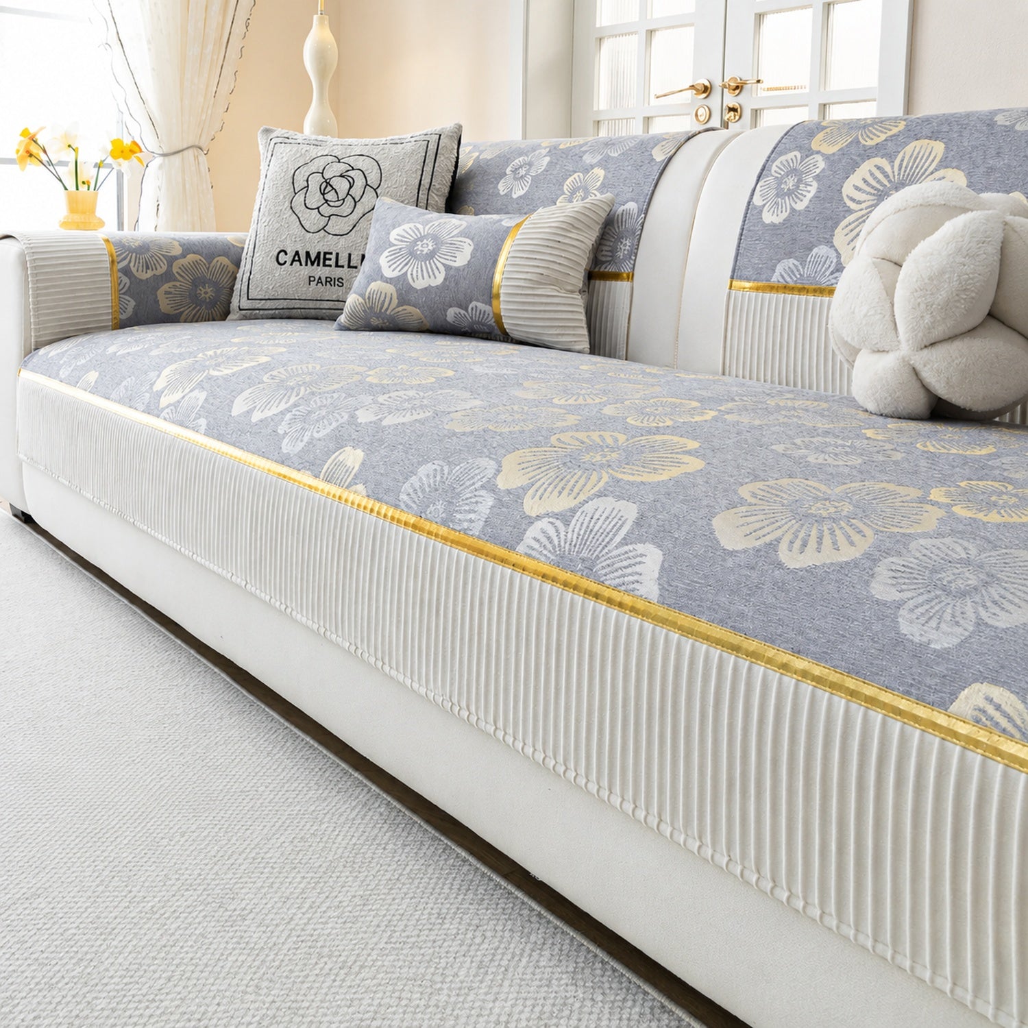 Golden Camellia Jacquard Sofa Cover | Chenille Anti-Slip Washable | Pet Protector