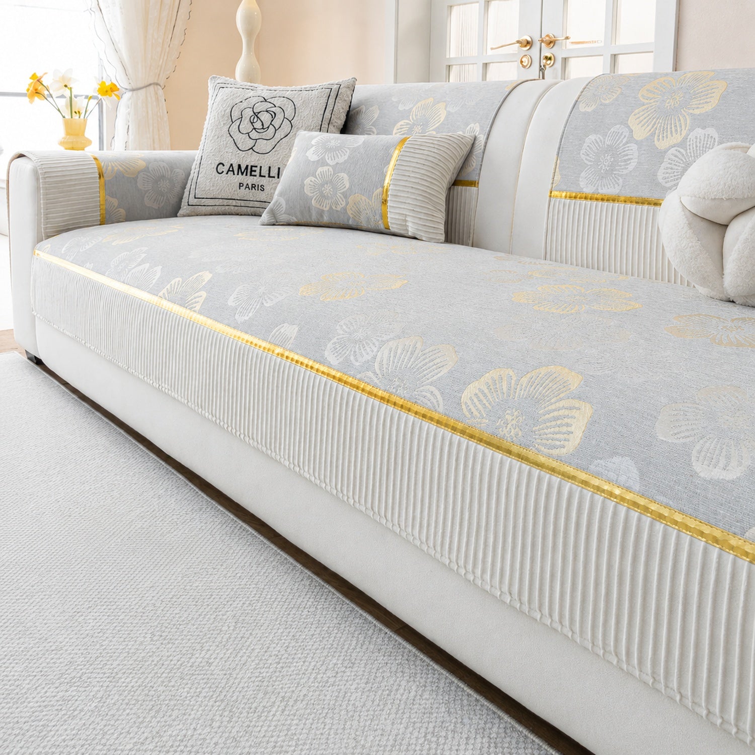 Golden Camellia Jacquard Sofa Cover | Chenille Anti-Slip Washable | Pet Protector