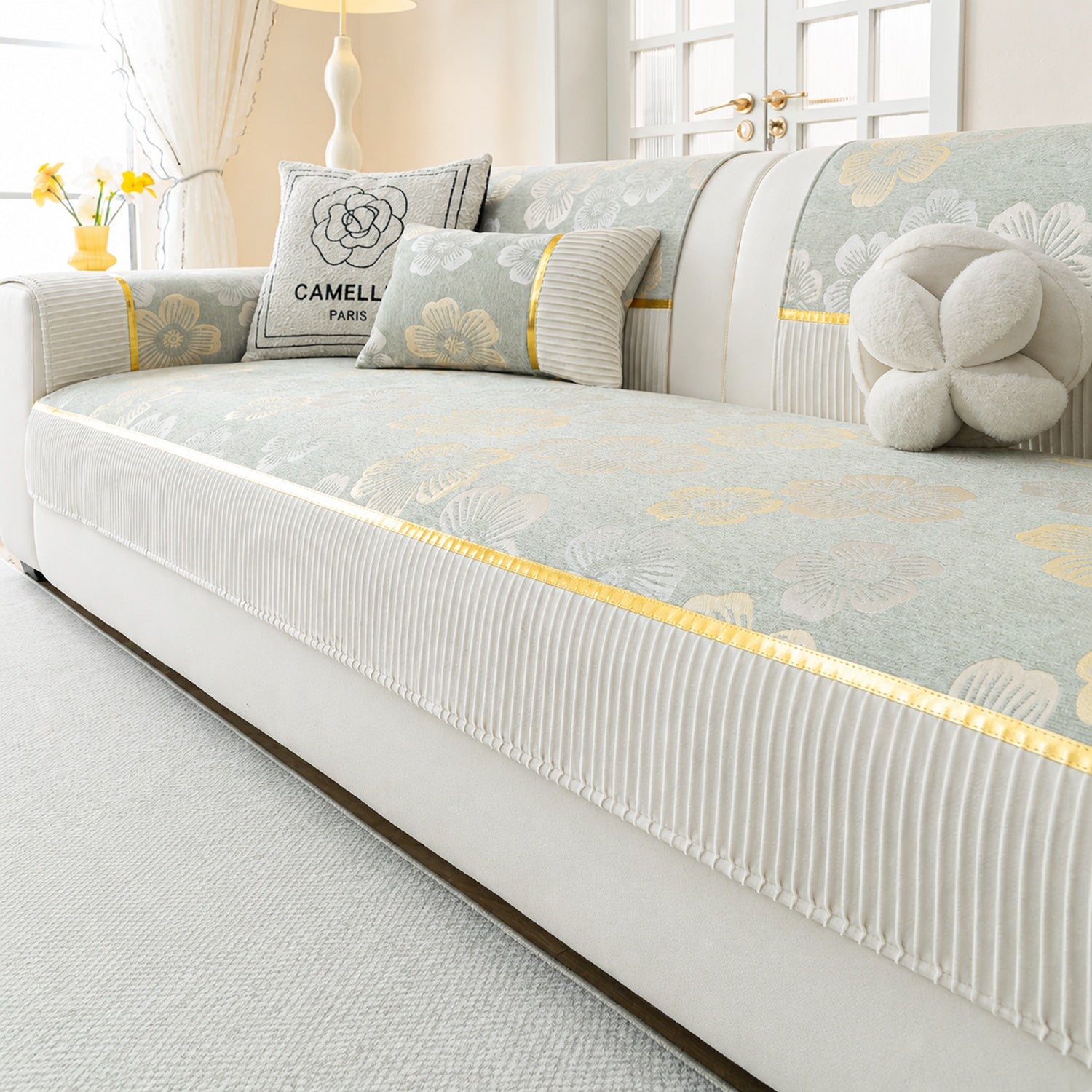 Golden Camellia Jacquard Sofa Cover | Chenille Anti-Slip Washable | Pet Protector