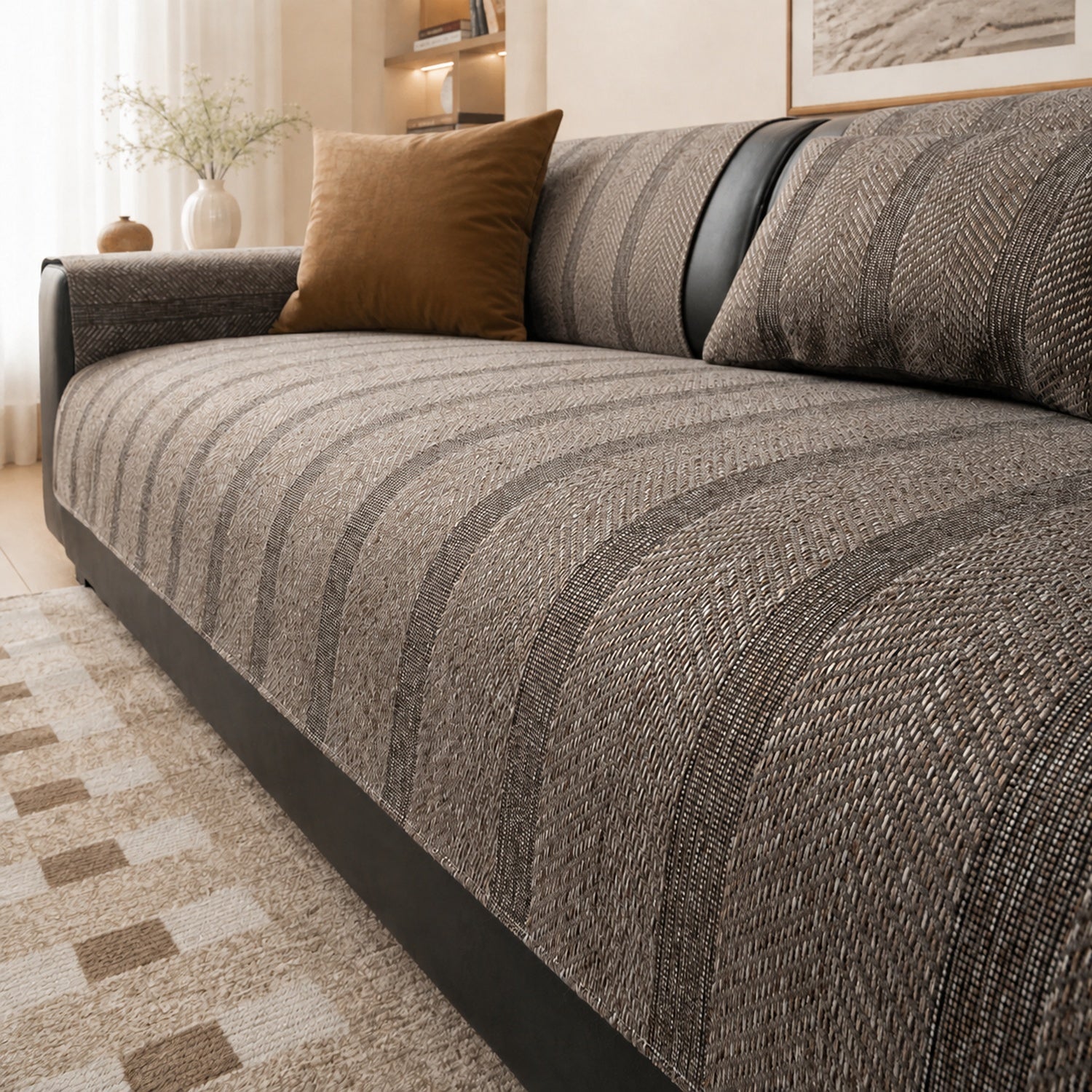 Herringbone Faux Linen Sofa Protector | Breathable Non-Slip Washable Cover