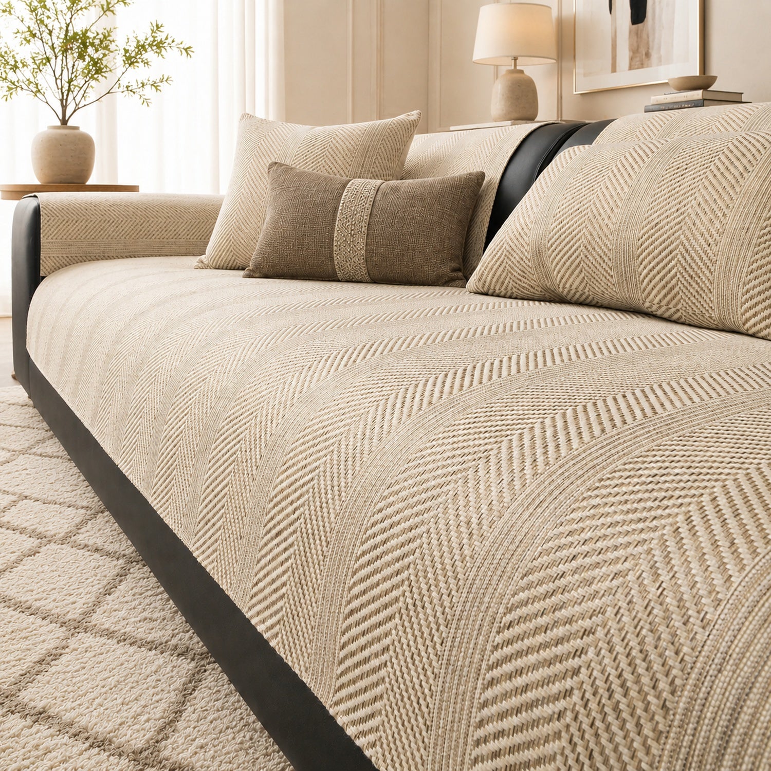 Herringbone Faux Linen Sofa Protector | Breathable Non-Slip Washable Cover