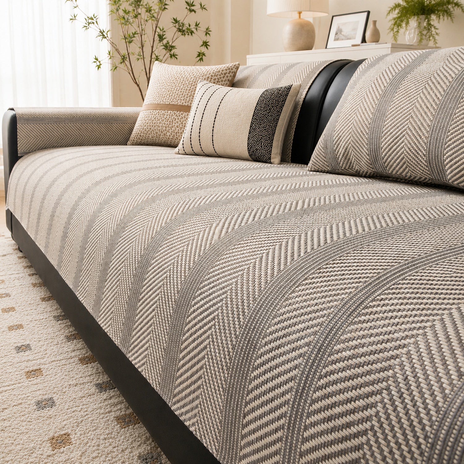 Herringbone Faux Linen Sofa Protector | Breathable Non-Slip Washable Cover