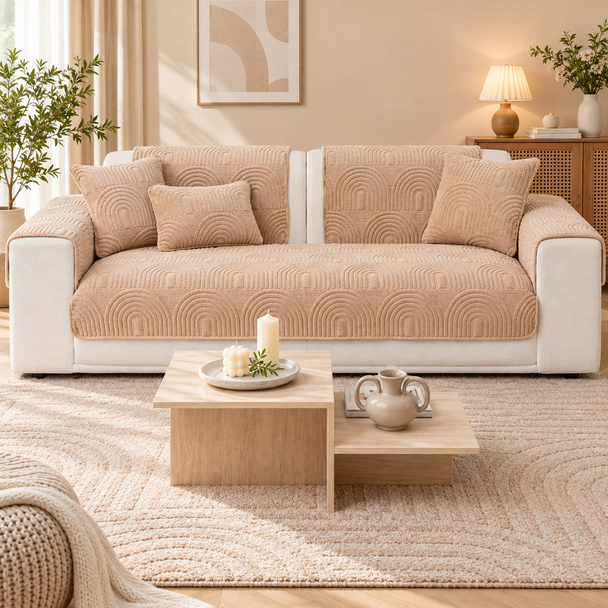 Ripple Arch Sofa Cover | Quilted Velour | Non-Slip Sofa Protector