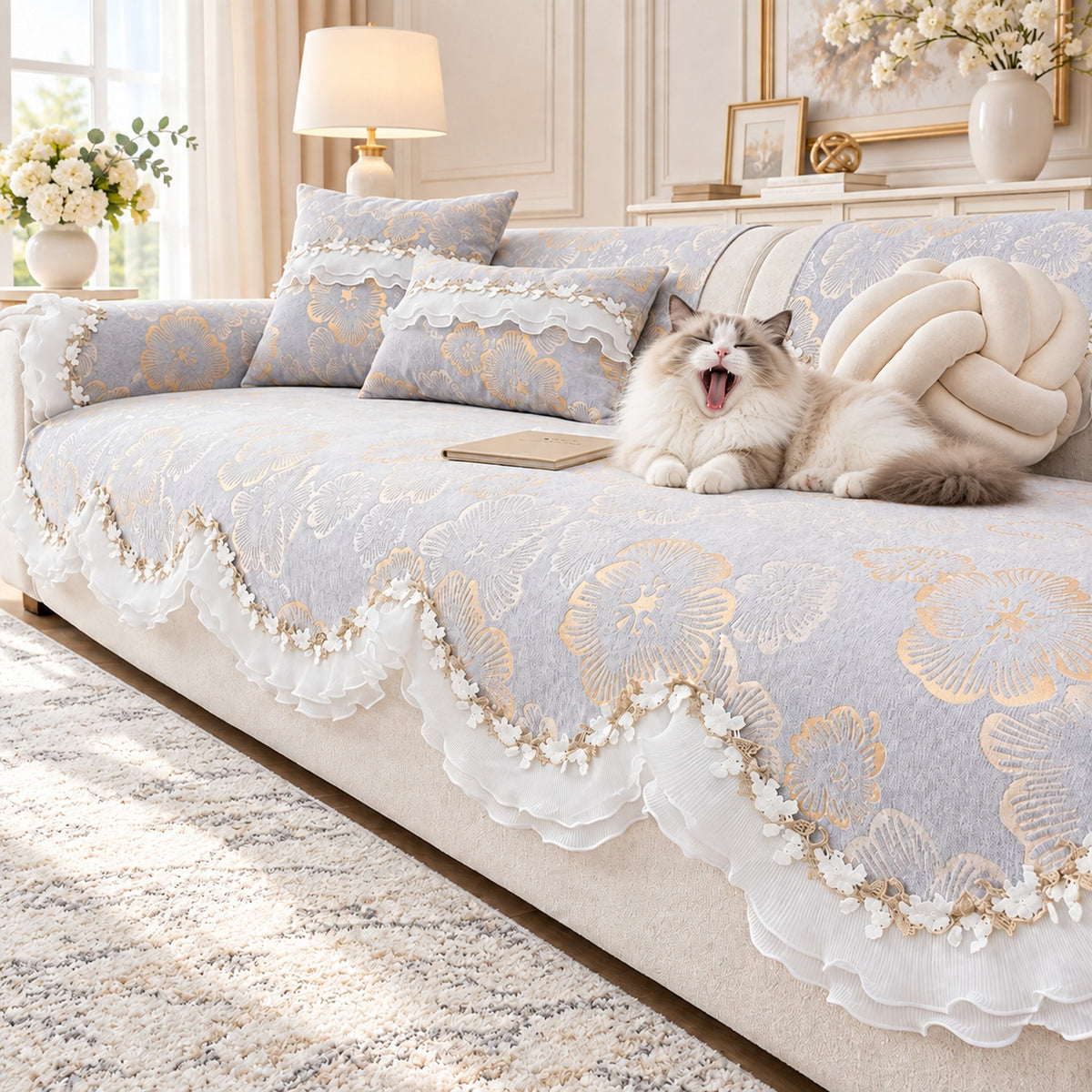 Chenille Sofa Cover | Non-Slip Sofa Protector | Golden Blossom | Machine Washable